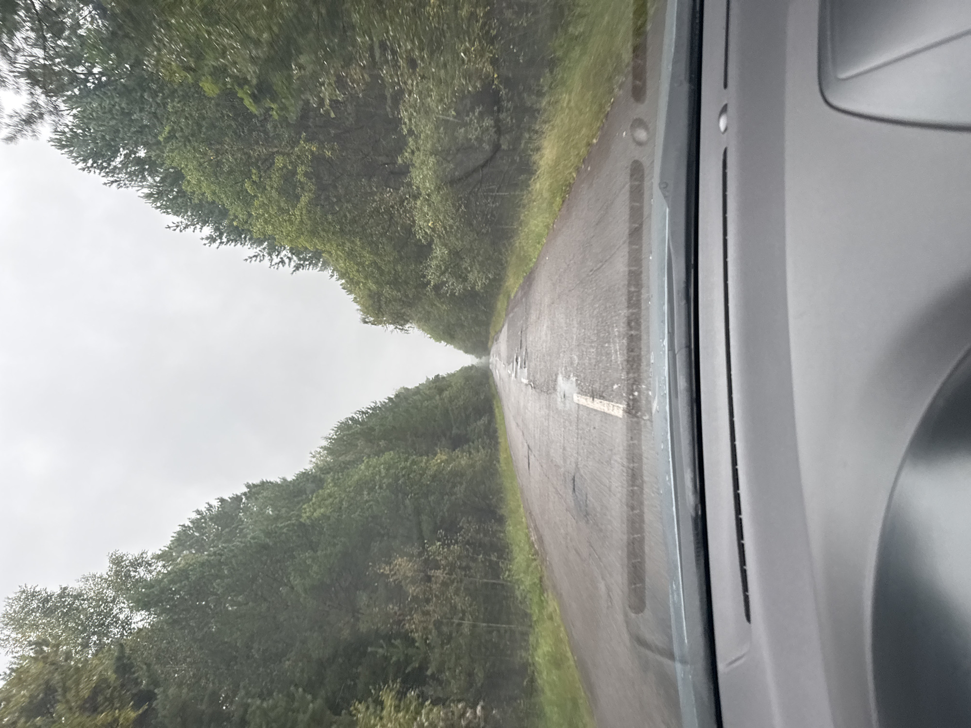 The image shows a view from inside a vehicle looking out at a two-lane road lined with dense trees on both sides. The road surface is asphalt and appears wet and damaged, with visible potholes and puddles. The sky is overcast and hazy, suggesting cloudy or rainy weather. The trees are a mix of coniferous and deciduous species, with lush green foliage. The road extends into the distance, disappearing into a slight haze. The dashboard of the vehicle is visible in the foreground. The scene depicts a drive through a forest or wooded area on a country road. There are no people or animals visible in the image, and no specific landmarks indicate the location within the city of Таскино, Russia, beyond the presence of a road and trees.