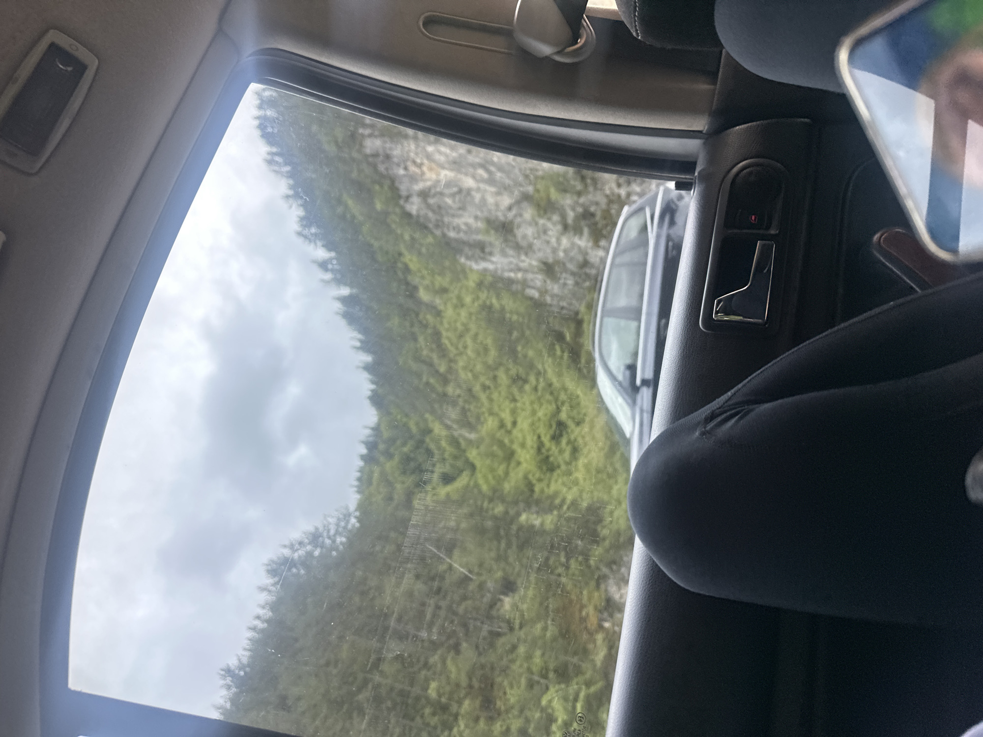 The image is taken from the inside of a car, looking out of the driver's side window. The view outside the window shows a hillside covered with dense green trees and foliage, possibly a forest. The sky is overcast with grey clouds. Another car, possibly silver or light-colored, is partially visible in the window's reflection or view, as if parked or stopped nearby. The interior of the car is visible, including the car door frame, a door handle, part of the car seat, and a cell phone being held by a person. The person is only partially visible in the reflection of the screen, with their hand and part of their face being seen. The image is underexposed and has some visible scratches or smudges on the window. The image does not have enough detail to establish that it was taken in Grohotno, Bulgaria.