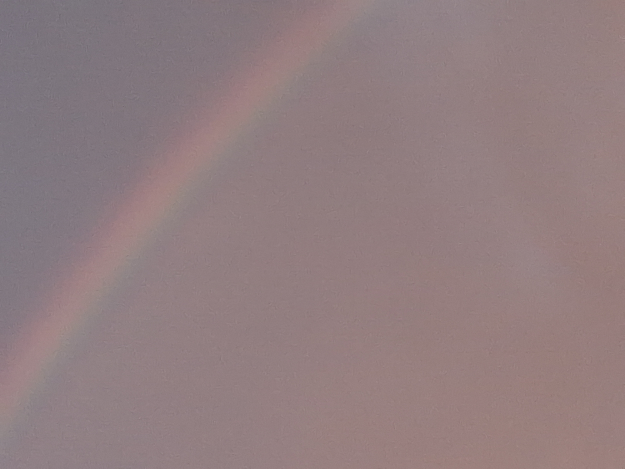The image displays a soft, muted sky with a faint rainbow arc stretching diagonally across the frame. The sky is a uniform, pale lavender-grey, with subtle variations in tone suggesting diffused light. The rainbow is very delicate, exhibiting muted pastel shades of pink, orange, and yellow, blending softly into the sky. There are no discernible landmarks or man-made structures, indicating an open sky environment. The location of Semey, Kazakhstan, is not visually represented in the image itself.