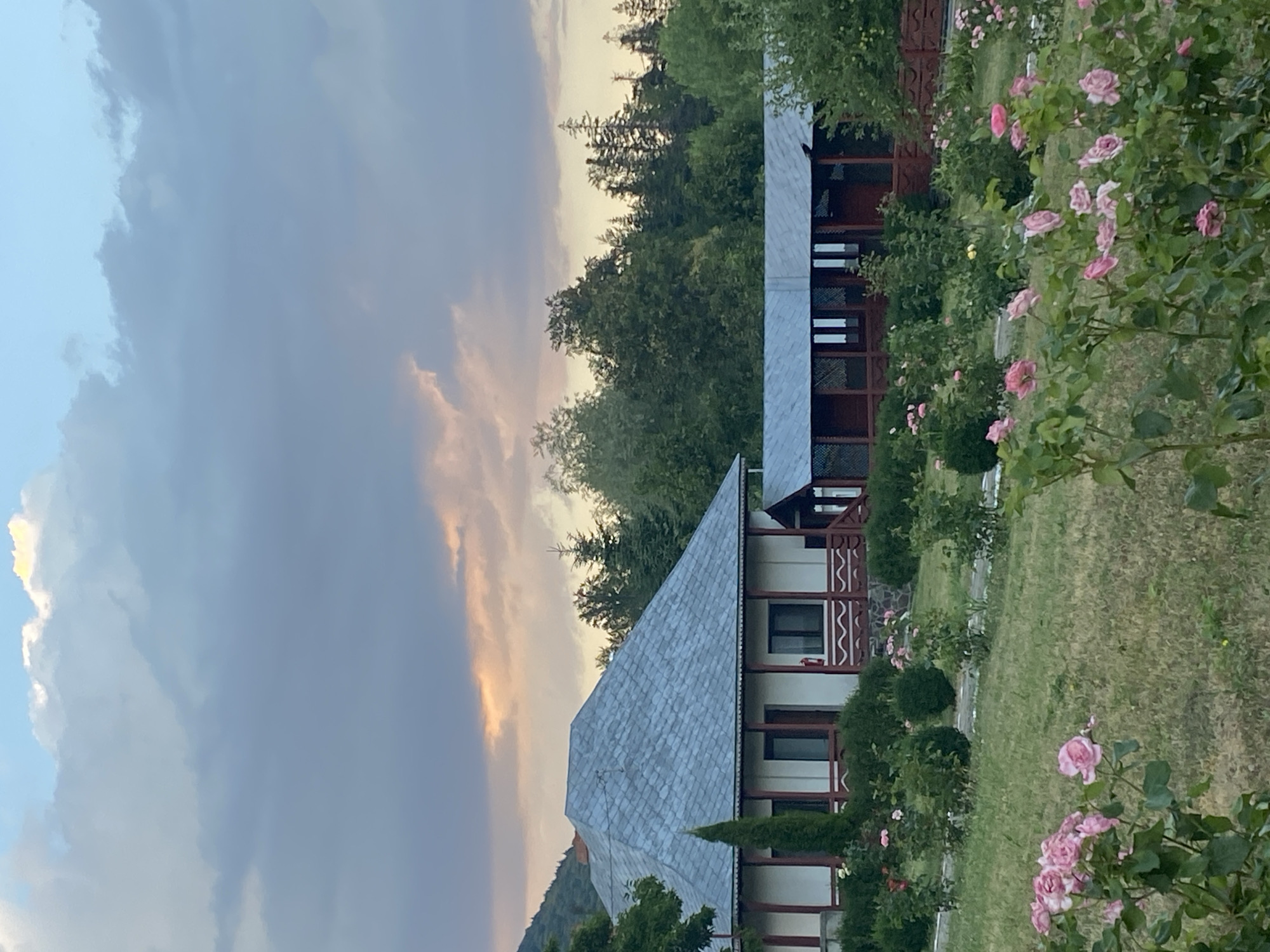The image depicts a serene outdoor scene in Crăcăoani, Romania, likely a rural setting given the presence of a traditional house and extensive greenery. The foreground is dominated by a lush garden filled with blooming pink roses and other assorted bushes and trees, suggesting a well-maintained landscape.
In the midground, a traditional Romanian house is visible, characterized by its white walls, red trim detailing, and a distinctive grey, slate-like roof. Adjacent to the house, a covered wooden structure, possibly a veranda or a small outbuilding, extends outwards, also featuring a grey roof. Both structures appear to be well-preserved.
The background is a dense forest of green trees, with a hillside visible on the far left. The sky above is dramatic, filled with a mix of grey and white clouds, with hints of orange and yellow suggesting either sunrise or sunset. There are no people or animals visible in the frame, contributing to the peaceful and tranquil atmosphere of the scene. The overall impression is one of a quiet, idyllic rural retreat.