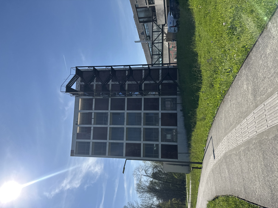 The image depicts a daytime outdoor scene on the Azurém Campus of the University of Minho in Guimarães, Portugal. A multi-story, six-level building with a light-colored concrete grid facade and alternating dark reddish-brown panels and reflective windows occupies the central and right-midground. An external black metal fire escape staircase with multiple landings is affixed to the right side of this building. To the left of the main building, a dark, contemporary streetlight stands. In the foreground, a curved concrete pathway with a central tactile paving strip composed of parallel longitudinal ridges extends from the lower left towards the upper center. A vibrant green, somewhat overgrown grassy area with scattered small purple flowers separates the pathway from the building. In the background, to the right of the main building, another modern architectural complex is visible, connected by an elevated pedestrian bridge. Several white commercial vans and other vehicles are parked near these background structures. The sky is clear blue with a prominent sunburst and lens flare originating from the upper left, indicating bright daylight. A faint white contrail from an aircraft is visible in the upper right quadrant of the sky. No individuals are prominently visible in the immediate foreground.