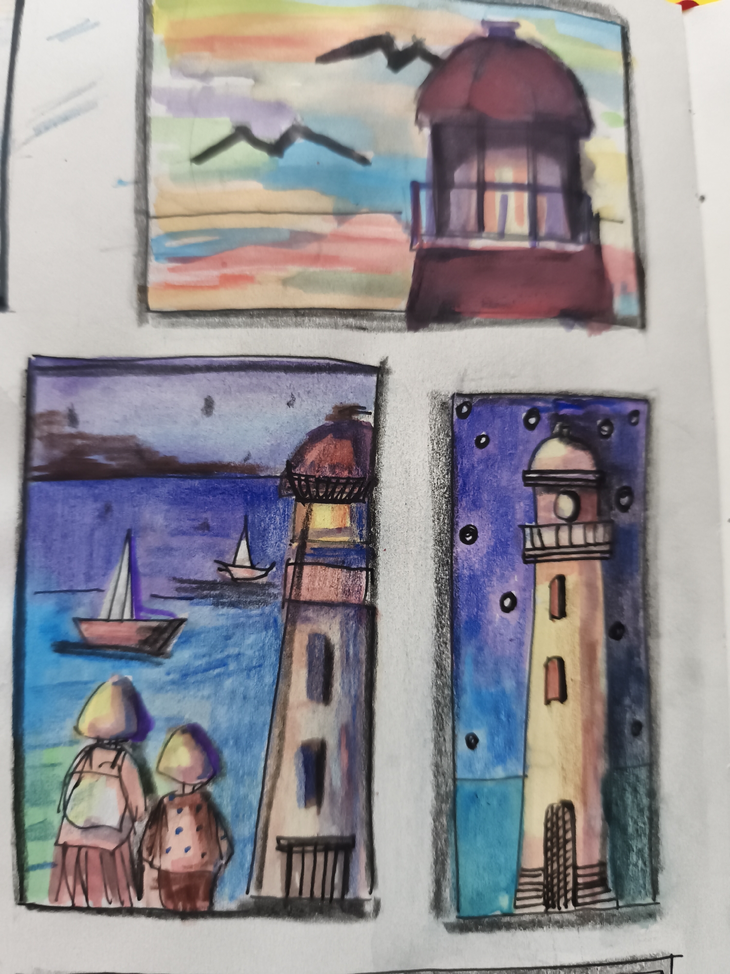 The image contains three watercolor and crayon drawings of lighthouses. The top drawing shows a lighthouse with a red dome against a colorful, abstract sky with black bird-like shapes. The middle left drawing depicts a lighthouse on a rocky shore with two figures in the foreground looking out at a sailboat on a blue sea. The middle right drawing features a lighthouse against a dark blue, starry sky. The style of the drawings is childlike and expressive. There is no indication that these drawings are related to Saint-Denis, France.