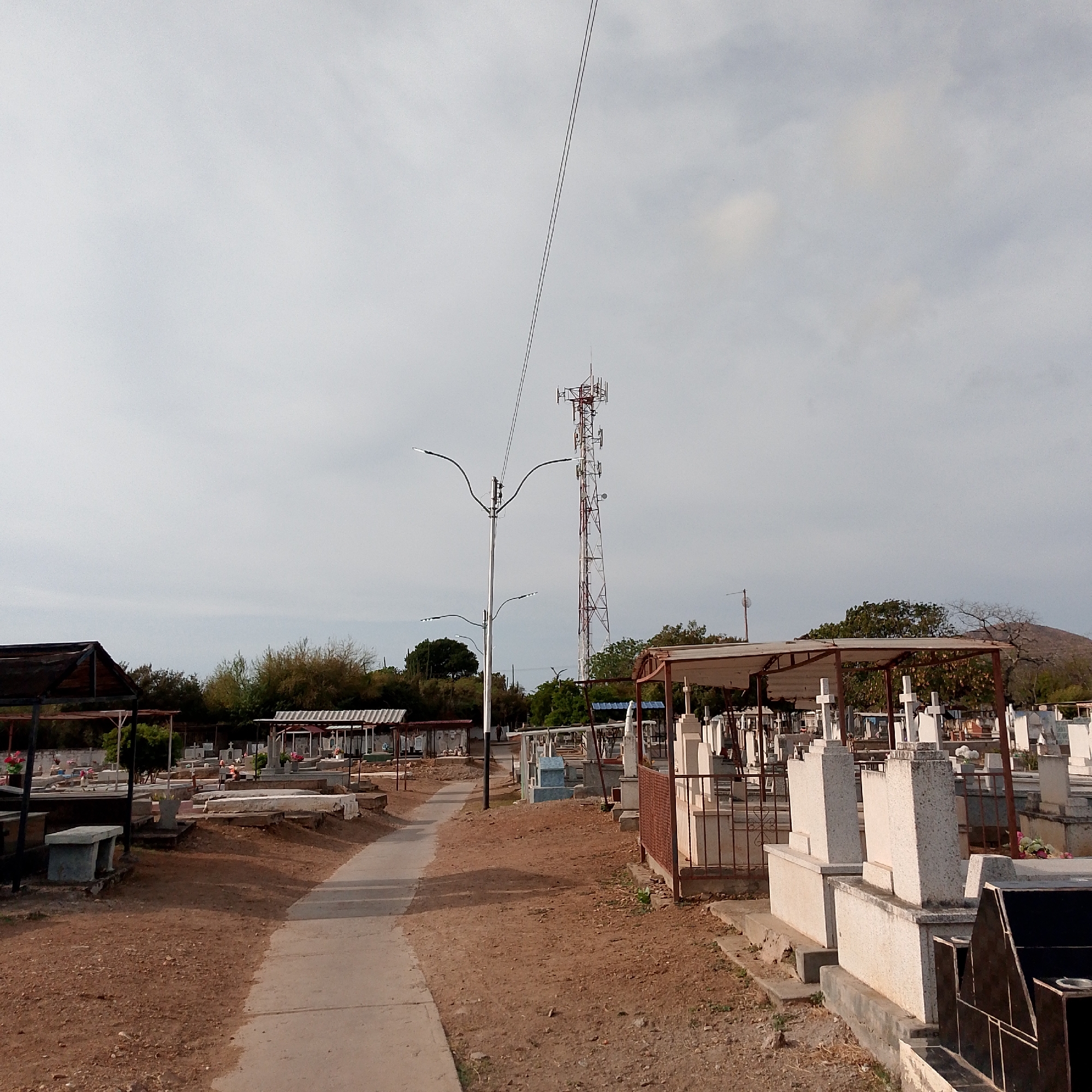 The image shows a cemetery in Altagracia, Venezuela, on a cloudy day. A dirt path runs through the middle of the frame, flanked by graves on both sides. Many of the graves are marked with white stone crosses. Some graves have metal fences or coverings. In the background, there are trees, shrubs, and what appear to be canopies or shelters over some of the graves. A communication tower rises in the distance, along with a power line and light poles.
