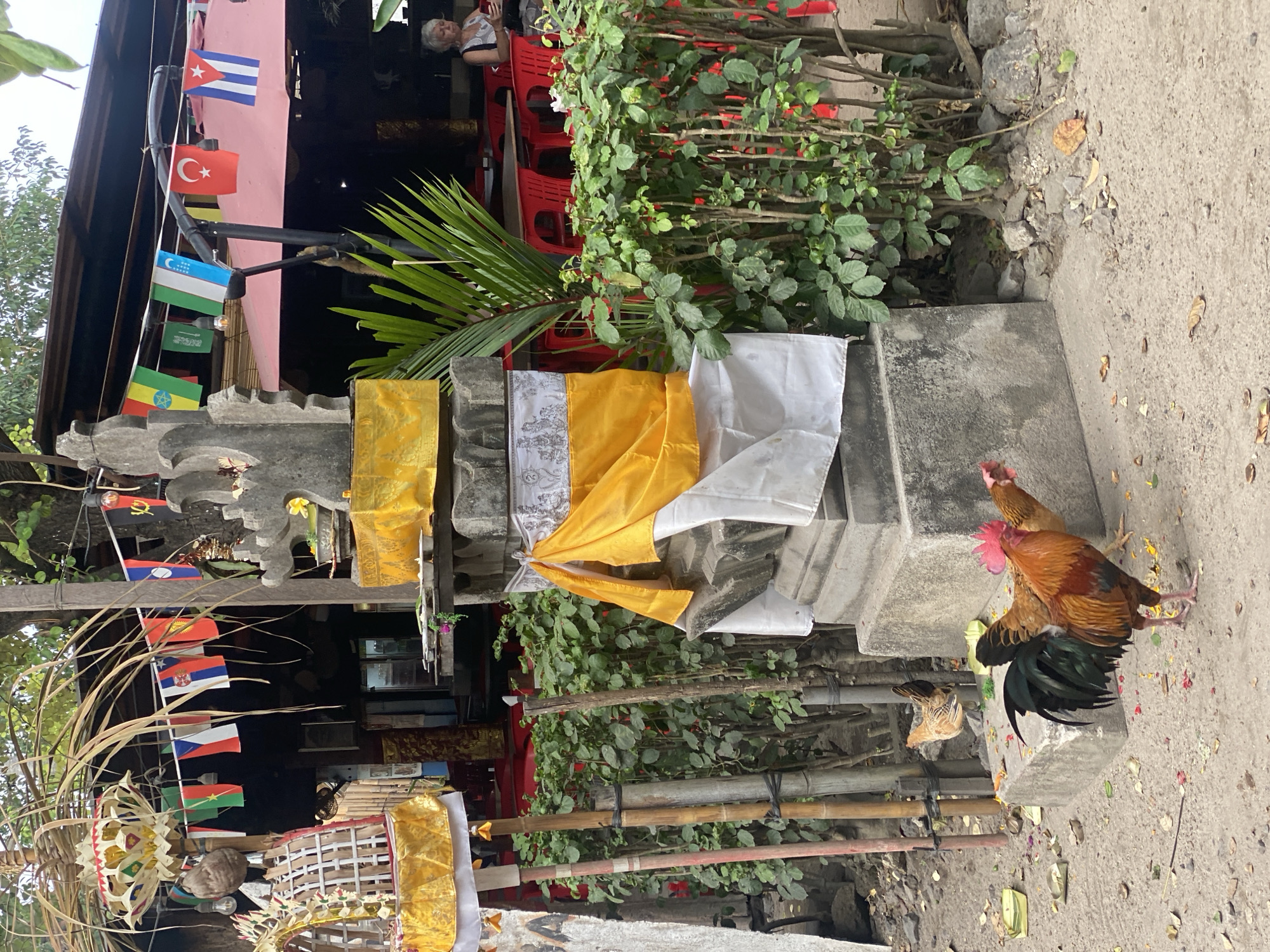 In Nusa Penida, Indonesia, a rooster and hen are near a stone altar adorned with yellow and white fabric. In the background, a building with red chairs and tables suggests a restaurant or cafe. Flags from various nations are strung across the scene, adding a touch of international presence to the tropical environment.