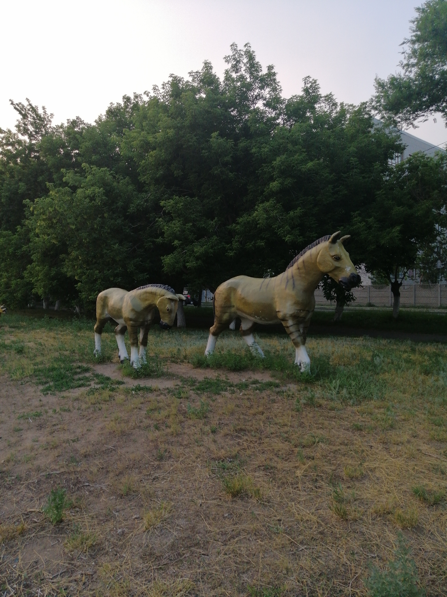 This media file shows a scene featuring two horse statues in an outdoor setting. The statues appear to be life-sized and are positioned on a grassy area with dirt patches and dry vegetation. The larger statue is in the foreground to the right, facing left with its head slightly bowed. It has a tan body with dark stripes and white legs. The smaller statue is to the left of the larger one, also facing left, and has a similar color scheme with white legs.
Behind the statues, a dense line of green trees forms a backdrop. Further in the background, a building with a light-colored facade and windows can be seen through the trees on the right side. A fence is also visible in the background. The sky is light and appears to be either early morning or late evening, suggesting a time of day with soft lighting. The overall atmosphere is calm and still, with no people or active events depicted. The location context identifies Pavlodar, Kazakhstan. No visible text is present in the image.