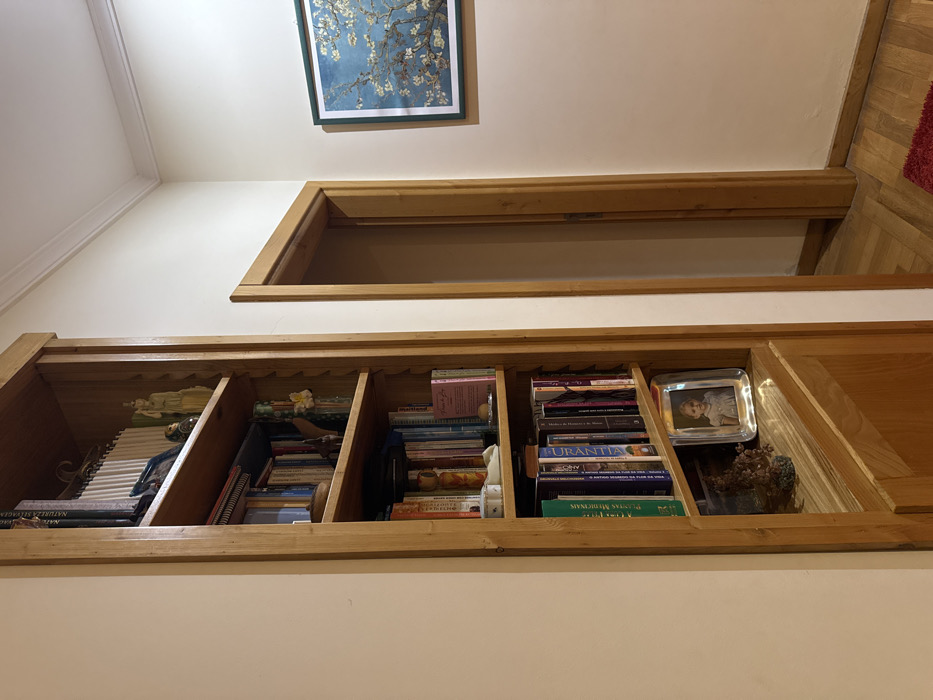 This image depicts an interior residential space within the city of Mirandela, Portugal. The scene is dominated by a built-in, light-stained wooden bookcase on the left, spanning from floor to ceiling. The bookcase contains six open shelves, each filled with various books of different sizes and colors, alongside an assortment of decorative items. These items include a small classical-style statue, several small vases, an Eiffel Tower figurine, a white lidded container, and a small dark spherical object. On the bottommost visible shelf, a silver-framed photograph of a young child is displayed, positioned next to a small dried plant or coral-like ornament.
To the immediate right of the bookcase, an open doorway, framed with matching light-stained wood, leads into an unseen room or corridor. The walls throughout the visible area are painted a uniform light cream or off-white. White crown molding is present along the ceiling line. On the wall to the right of the doorway, a framed picture depicting a blossoming tree against a blue sky, reminiscent of "Almond Blossoms," is mounted. The floor features light-toned wooden parquet flooring, with a portion of a red textured rug visible in the lower right corner of the frame. Artificial lighting illuminates the area, casting a visible reflection on the glass of the framed photograph. No individuals are present in the scene.