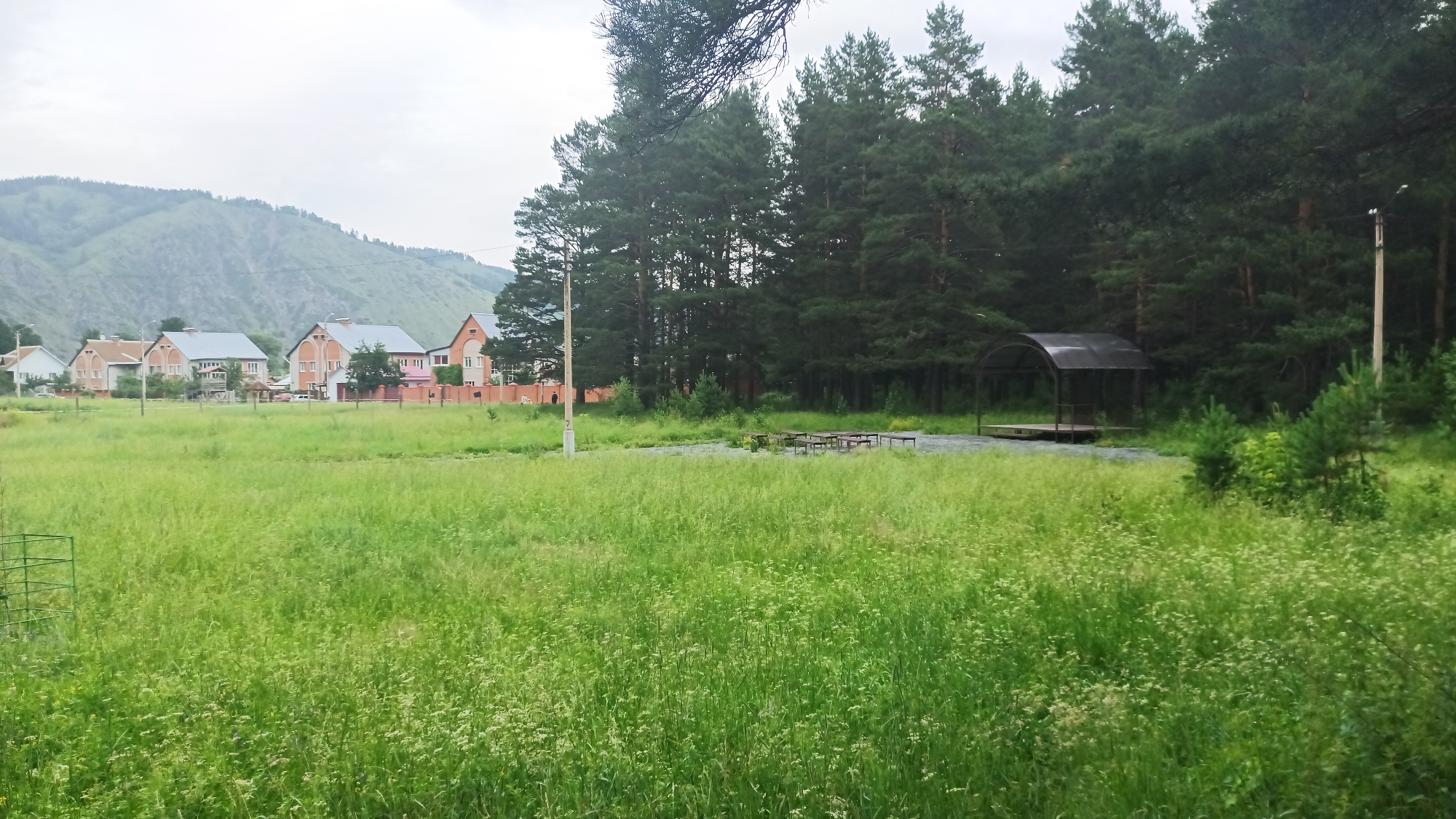 This image captures a serene, overcast day in a rural setting, likely on the outskirts of Abaza, Russia. The scene is dominated by a vast expanse of lush green grass, dotted with small white wildflowers, suggesting a meadow or a park. In the background, a row of modern brick houses with grey roofs are visible, hinting at a residential area adjacent to the natural landscape. Beyond the houses, imposing, tree-covered mountains rise under a hazy, grey sky, indicating either early morning, late evening, or a cloudy, potentially damp, day.

To the right of the frame, a dense forest of tall pine trees forms a dark, imposing backdrop. Within the clearing at the edge of the forest, a dark, arched gazebo with a sloped roof stands prominently on a raised wooden platform. Nearby, several wooden picnic tables are arranged, suggesting this area is a designated recreational spot. A single, tall utility pole stands near the edge of the meadow, and further to the left, a green metal garden cage is partially visible. The overall atmosphere is peaceful and quiet, with the overcast weather contributing to a slightly subdued, tranquil mood. No people are visible, and there is no discernible text in the image.