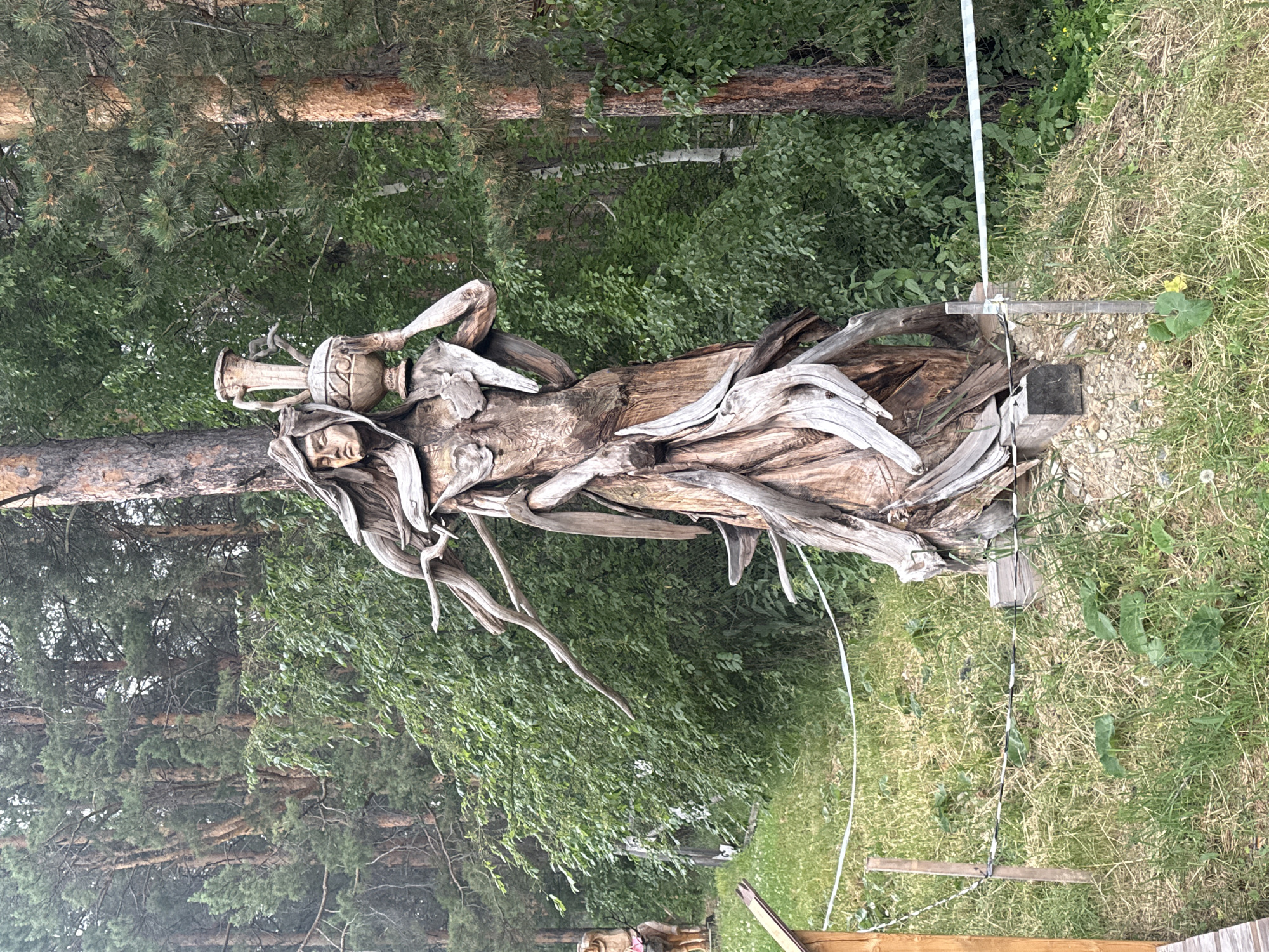 A wooden sculpture of a female figure stands in a grassy area within a forest. The sculpture, carved from driftwood, depicts a woman with long, flowing hair holding a vase or amphora over her head with her right arm. Her left arm is bent at the elbow and her hand rests on her chest. The figure is adorned with a draped garment that trails down to the ground, created from intricately woven wood. The background consists of lush green trees and tall pine trees. White and black caution tape is strung between wooden posts, delineating the area around the sculpture. In the lower left corner, a portion of a wooden walkway is visible. The overall scene appears to be an outdoor art installation in a natural, forested setting. The location is identified as Savvateevka, Russia.