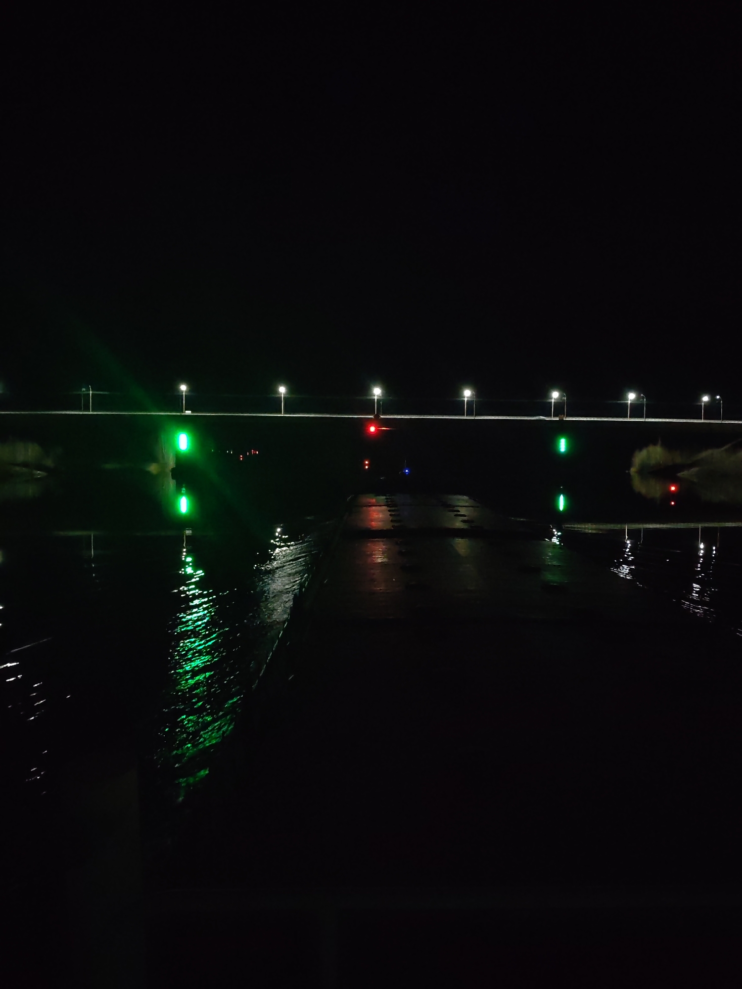 The image presents a tranquil nocturnal scene along a body of water, possibly a canal or river, in Sheksna, Russia. The setting is dominated by darkness, illuminated solely by various artificial lights and their reflections.
In the foreground, a calm expanse of water reflects the lights above with remarkable clarity. Prominent green navigation lights are visible: a large, bright green light appears on the left, possibly on a structure or bank, casting a long, vibrant reflection onto the water. Smaller green lights are also scattered further across the water's surface, some directly and others as reflections. On the right side of the frame, several red lights are present, also mirrored in the water, likely serving as additional navigation markers or hazard indicators.
Stretching across the midground, a distant structure, resembling a bridge or embankment, is lined with evenly spaced, bright white streetlights. These streetlights cast their own elongated, luminous reflections onto the dark water below. The overall impression is one of stillness and quiet, with the interplay of artificial light and reflective water creating a visually striking and calm atmosphere. There are no people visible, nor any discernible activities taking place. The time of day is clearly night, with the darkness contrasting sharply with the illuminated elements. No text is visible in the image.
