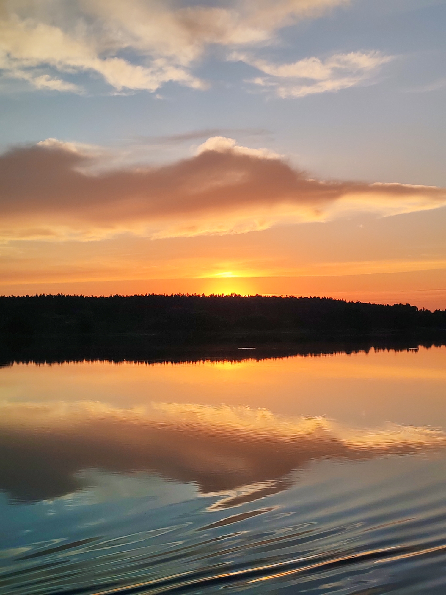 The image depicts a sunset over a body of water. The sky is filled with vibrant orange, yellow, and hints of blue hues from the setting sun, with scattered clouds reflecting the warm light. A silhouetted treeline runs along the horizon, separating the sky from the water. The water itself is calm, creating a clear reflection of the sky and the treeline. In the foreground, subtle ripples disturb the water's surface, creating a textured effect. The location is identified as Terekhovo, Russia. There are no people or discernible objects in the scene other than the natural elements. The overall atmosphere is serene and picturesque.
