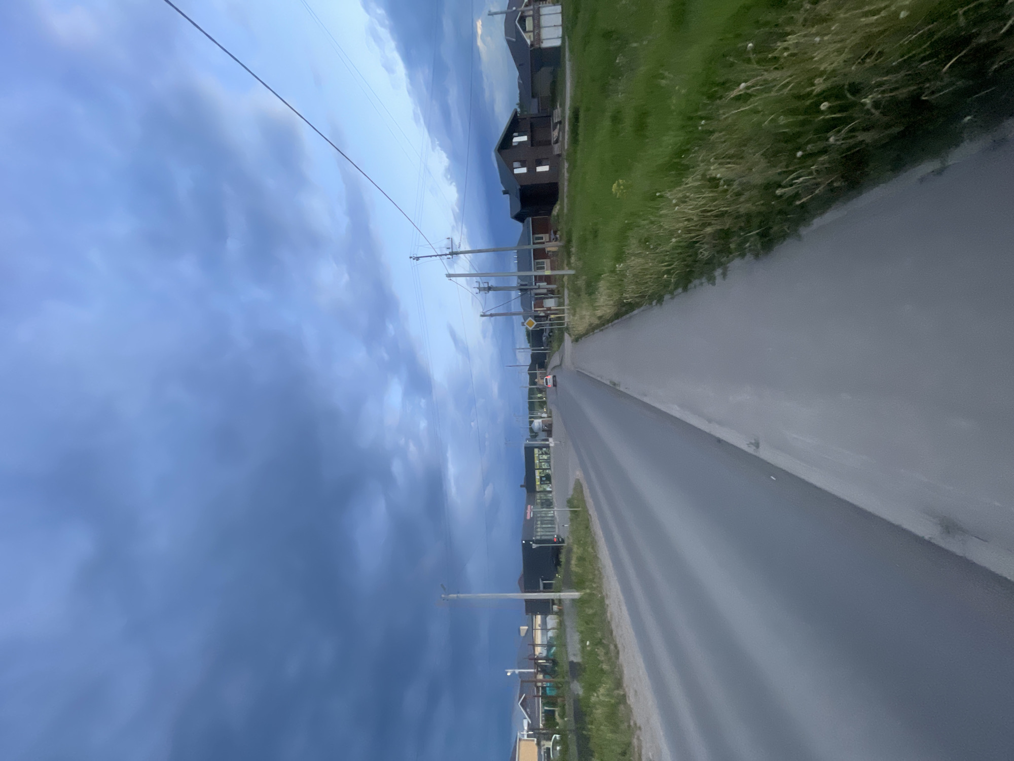 The image captures a roadside view under an overcast sky. The primary perspective looks down a straight, paved road receding into the distance, bordered on the right by a wide grassy verge. This verge is covered with tall green grass interspersed with small white seed heads or flowers.
Beyond the grassy area on the right, a series of buildings are visible, including several residential structures with dark facades and contrasting white-framed windows. Further down the road on this side, a larger, darker building with illuminated windows and indistinct signage suggests a commercial establishment. Along both sides of the road, numerous utility poles with multiple overhead power lines extend into the background. A yellow, diamond-shaped road sign is visible near a pole on the right.
The sky, dominating the upper portion of the frame (when viewed correctly), is a blue-grey hue, heavily clouded with darker, dense formations, indicating an overcast day or possibly impending weather. The overall lighting is soft and diffuse, characteristic of late afternoon, evening, or early morning.
No people are visible in the scene, and no specific activity is taking place; it is a static landscape shot. A small, distant red vehicle can be faintly seen on the road. Any text present on the distant commercial building's signage is too blurry to be legible. The scene depicts a typical road in a suburban or semi-rural setting, located in Эстачи, Russia.