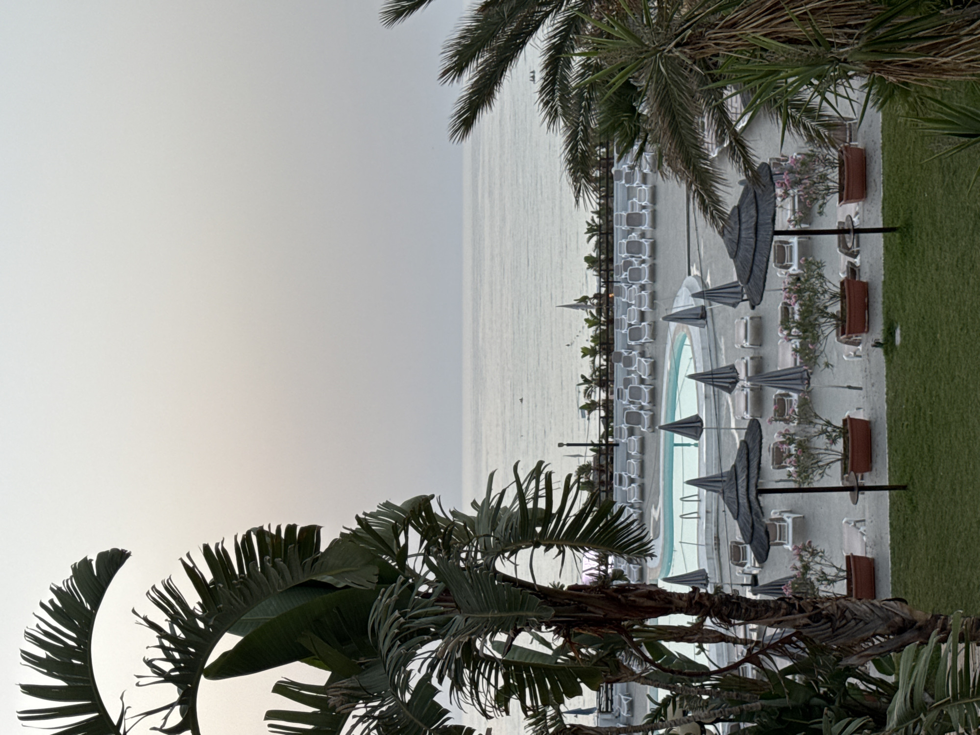A view from a balcony overlooks a swimming pool area and the sea. Palm trees frame the left side of the image. The pool is empty, with rows of empty lounge chairs surrounding it, some of which are covered by umbrellas. The sea is visible in the background, with a few small boats on the water. The sky is overcast. The location is Isola delle Femmine, Italy.