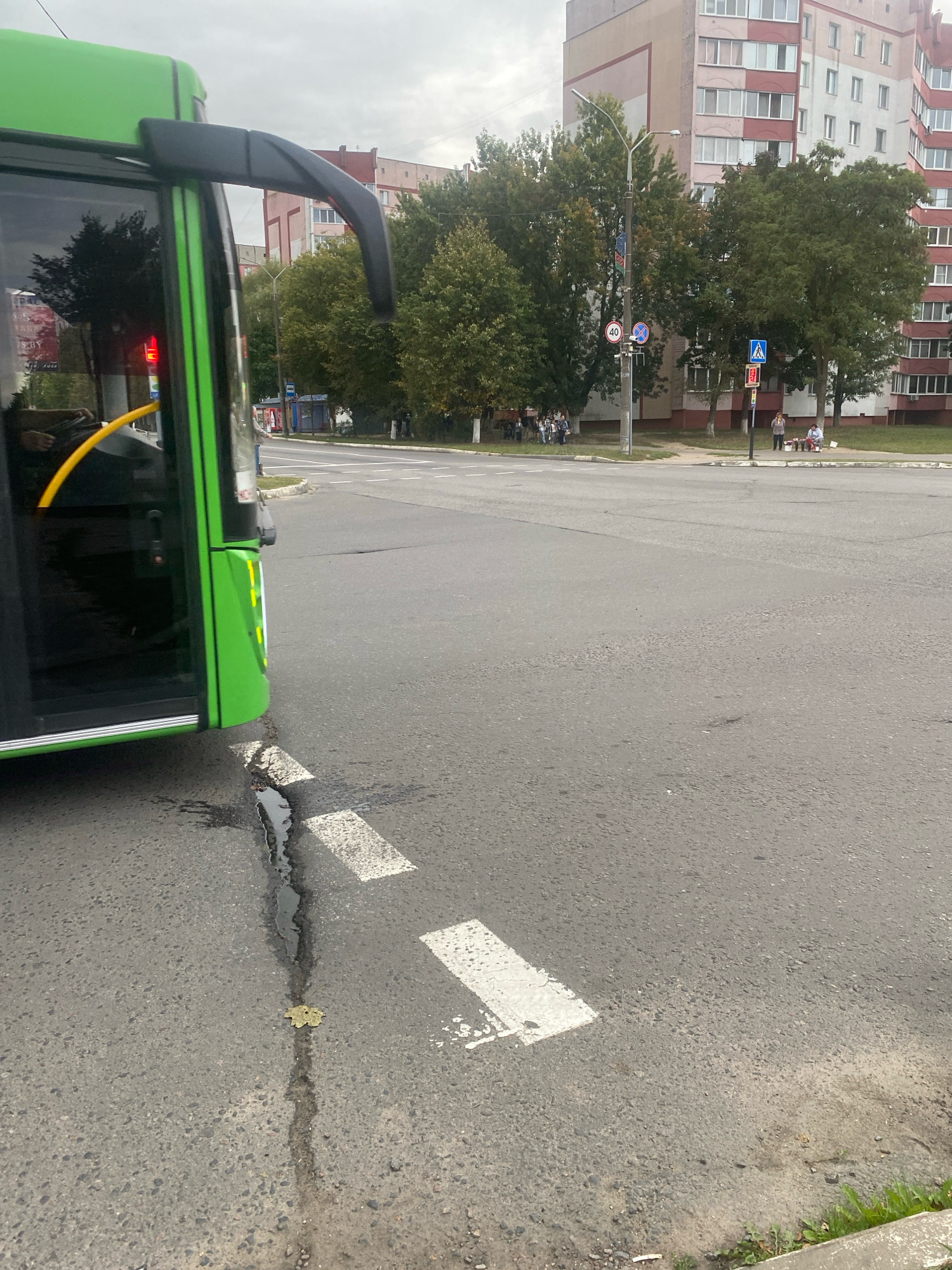 The image shows a green bus in the foreground, stopped on a city street. A puddle of liquid is visible on the asphalt near the bus, along with a crack in the road. White markings on the road suggest a crosswalk. In the background, buildings, trees, and a street light are visible. Pedestrians are seen on a sidewalk in the distance. Traffic signs, including a speed limit sign (40) and a pedestrian crossing sign, are also present. The sky is overcast. This scene is located in the city of Zhlobin, Belarus.