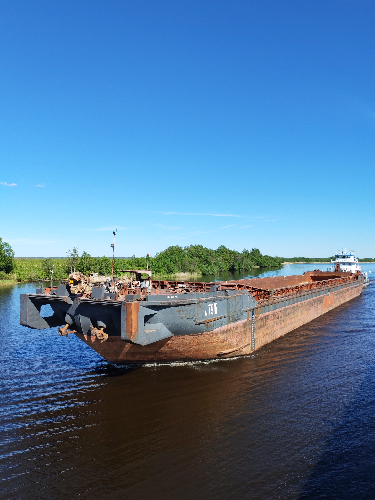 This clear, well-lit image depicts a long cargo vessel, likely a barge and pusher tug combination, navigating a calm river or canal under a bright, cloudless blue sky. The scene is set on a sunny day, with verdant green trees and dense foliage lining the distant banks of the waterway, suggesting a natural or semi-natural environment in Kargulino, Russia.
The primary subject is a large, flat-bottomed barge with a heavily rusted, reddish-brown hull, contrasting with dark grey sections on its upper structures and bow. The bow features a distinctive, robust configuration with heavy-duty metal fixtures and structural elements, possibly designed for connecting to other barges or for pushing. Visible on the port side of the barge's hull is the identification number "N 7916" in white lettering. Closer to the bow, another marking, "C3-02-76", can be seen. The barge appears to be riding high in the water, suggesting it is either empty or carrying a light load of bulk cargo, which is visible as a reddish-brown material inside the cargo hold.
Behind the barge, the white superstructure of a tugboat or pusher vessel is visible, actively propelling the barge. The vessel is in motion, generating a noticeable wake and ripples across the dark blue-brown water. The water surface reflects the bright sky and the surrounding greenery. The overall impression is one of peaceful transit on an inland waterway, highlighting the functional nature of the vessel against a serene natural backdrop.