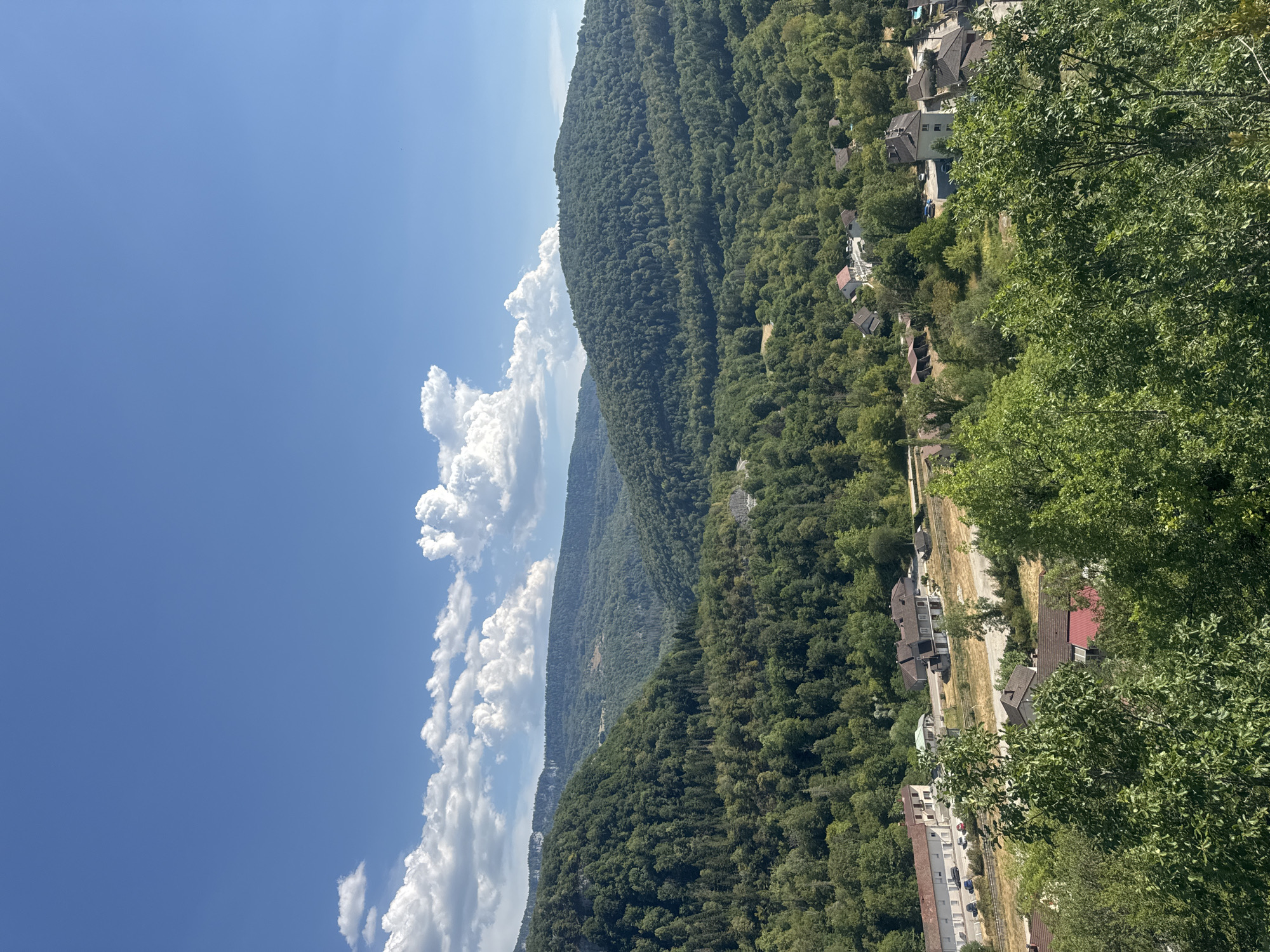 An eye-level, high-angle, wide shot captures a serene landscape under a bright blue sky. The scene is dominated by rolling, densely forested hills that recede into the distance, with a few scattered buildings nestled within the greenery. The trees are a vibrant shade of green, suggesting a lush, temperate climate. In the foreground, the tops of leafy trees obscure the lower part of the frame.
The middle ground reveals a small village, characterized by a collection of houses with terracotta roofs and white or light-colored facades. A road winds through the village, with a few parked cars visible. The architecture appears to be traditional European.
The background features more layers of hills, their textures softened by distance and atmospheric haze. The sky above is a brilliant azure, punctuated by a few fluffy white cumulus clouds. The overall impression is one of peaceful rural beauty in a mountainous region. The location is identified as the city of Lavans-lès-Saint-Claude, France.