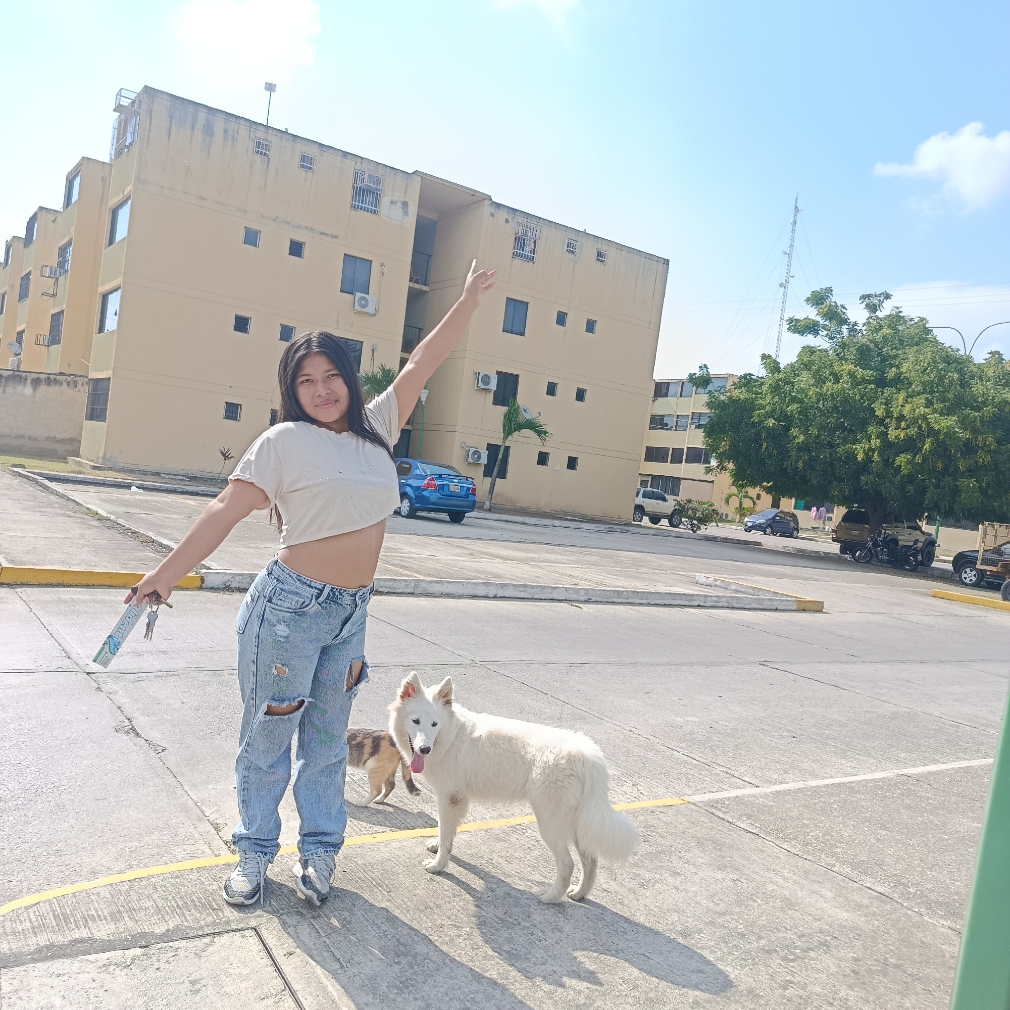 The image shows a young woman standing in a parking lot, with a white dog and a small brown dog nearby. The woman has one arm raised and holds keys in her other hand. She is wearing a light-colored cropped top, ripped jeans, and sneakers. Behind her is a multi-story building, likely an apartment complex. A blue car is parked near the building. The background includes trees, parked vehicles, and a telecommunications tower. The scene appears to be in Los Guayos, Venezuela.