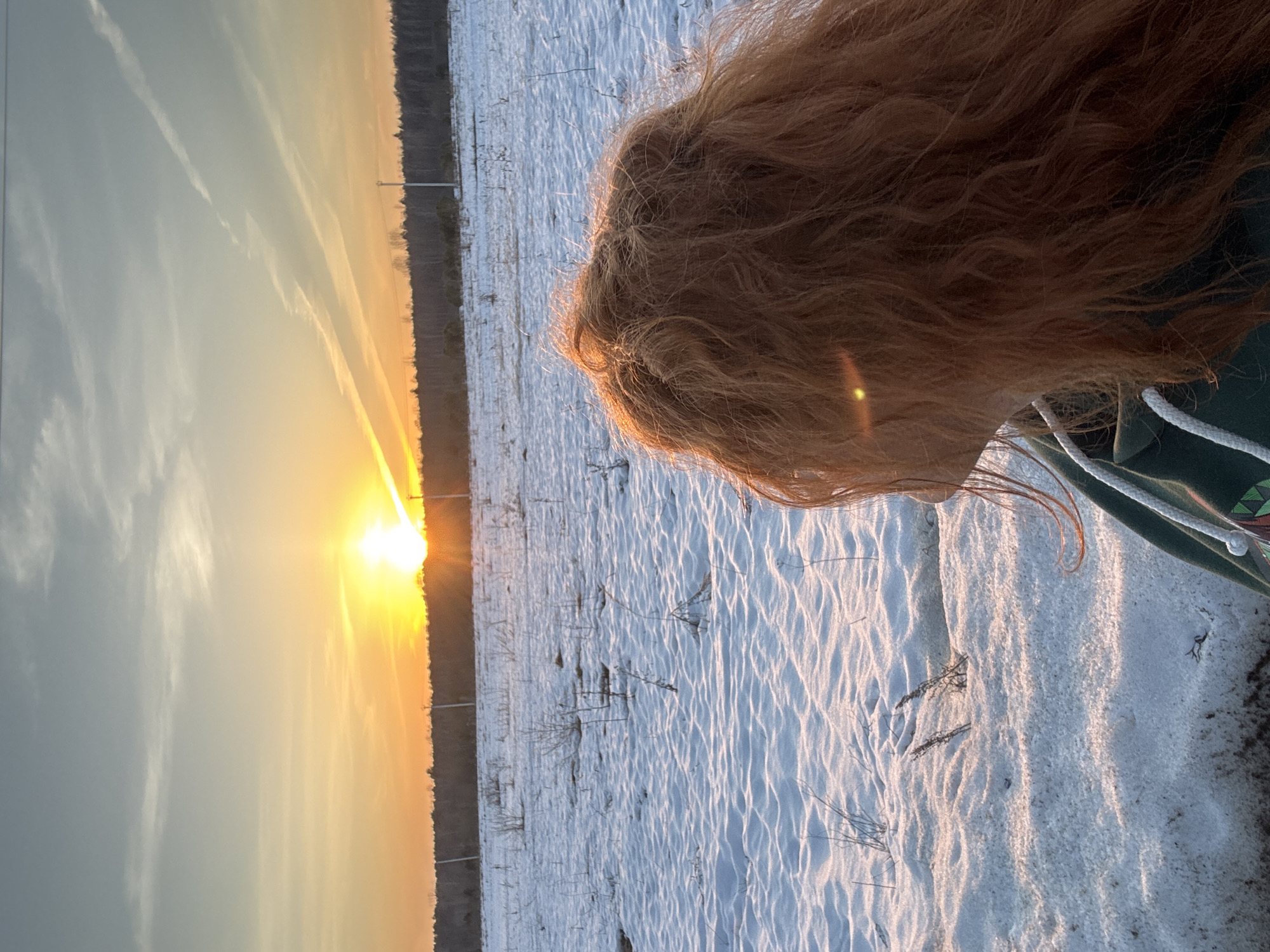 The image shows a sunset over a snow-covered field in Noviy, Russia. The sun is positioned on the left side of the frame, emitting a bright golden light that reflects on the snow. The field is sparsely covered with dry vegetation. A line of trees borders the field in the background. In the foreground, there is a person's head with auburn-colored hair, slightly obscuring the view. The person is wearing a green hoodie with white drawstrings. The photo appears to have been taken at a low angle.