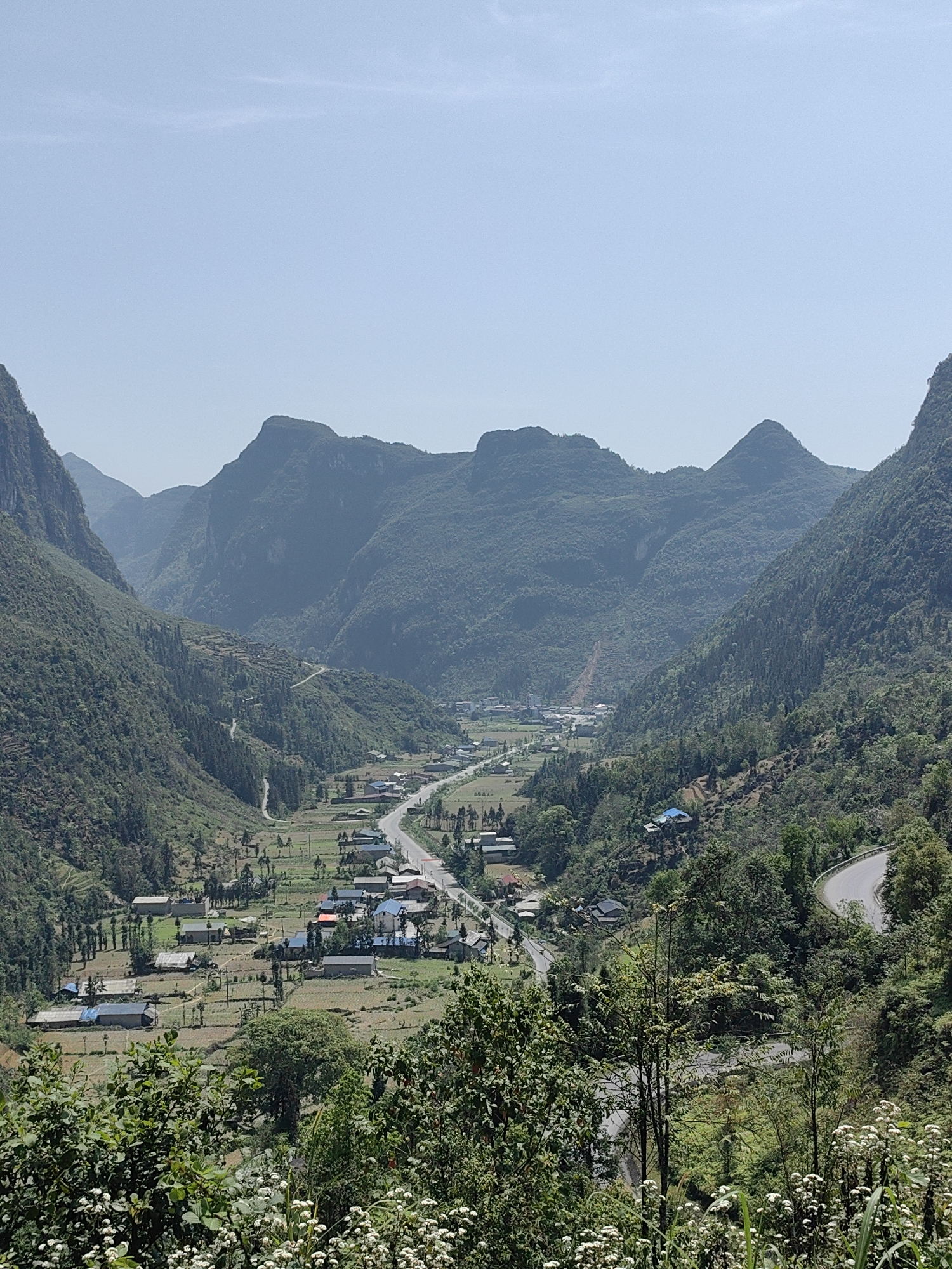 The image depicts a scenic view of Phố Bảng Commune, Vietnam. The foreground features lush greenery with white wildflowers and shrubs. A winding road cuts through the hillside. In the valley below, there is a village with houses and farmland. A road runs through the center of the village. The background consists of mountains covered in dense forest, stretching into the horizon under a clear sky.