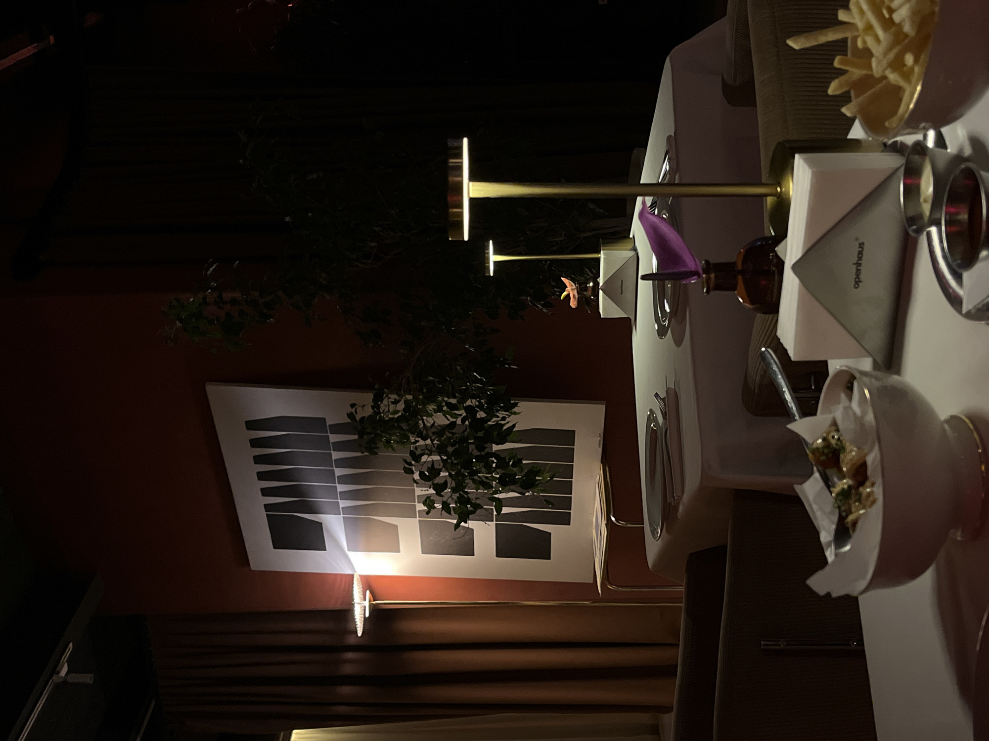 The image depicts a restaurant setting, possibly in Yerevan, Armenia, though this is not definitively indicated in the scene itself. The restaurant seems upscale, judging by the white tablecloths and arranged food and decorative items on the tables. There are dishes of french fries and a small salad-like dish in white bowls. Napkins with the text "openhaus" are present. A decorative lamp is standing on the table. The image is taken in a dim environment, with a plant and some abstract art on the wall in the background. There is no visible activity or interaction of people.