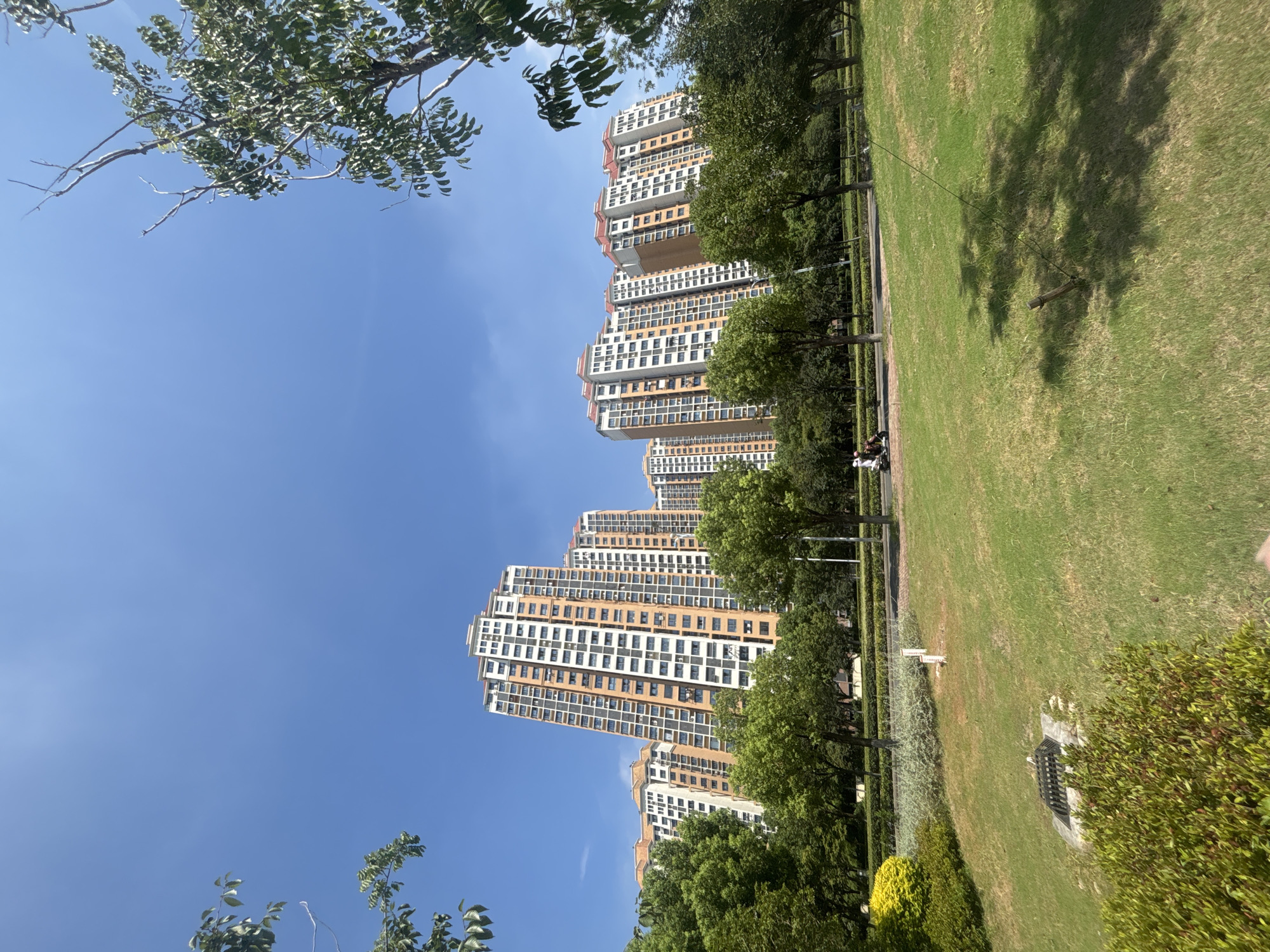 A wide-angle shot captures a bright, sunny day in Suzhou Industrial Park, China, with a clear blue sky dominating the upper portion of the frame. In the mid-ground, several tall, modern apartment buildings with orange and white facades stand in a cluster. These buildings feature numerous windows and balconies, indicative of residential units.
In the foreground, a lush green lawn slopes gently upwards. The lawn is dotted with some scattered dry patches and is bordered by a paved pathway in the mid-ground. On this pathway, two individuals are seen riding a scooter, suggesting a leisurely activity. The pathway is lined with mature trees that form a green canopy, partially obscuring the apartment buildings. The trees vary in size and density, with some branches extending into the edges of the frame, framing the view of the buildings.
To the left of the pathway, a yellow bush adds a splash of color. Closer to the viewer, on the lawn, a dark metal grate embedded in a concrete structure is visible, possibly a drainage cover. Further to the right, a small wooden stake with a wire attached emerges from the grass, casting a distinct shadow on the lawn. The overall impression is one of a well-maintained urban park area adjacent to residential high-rises.