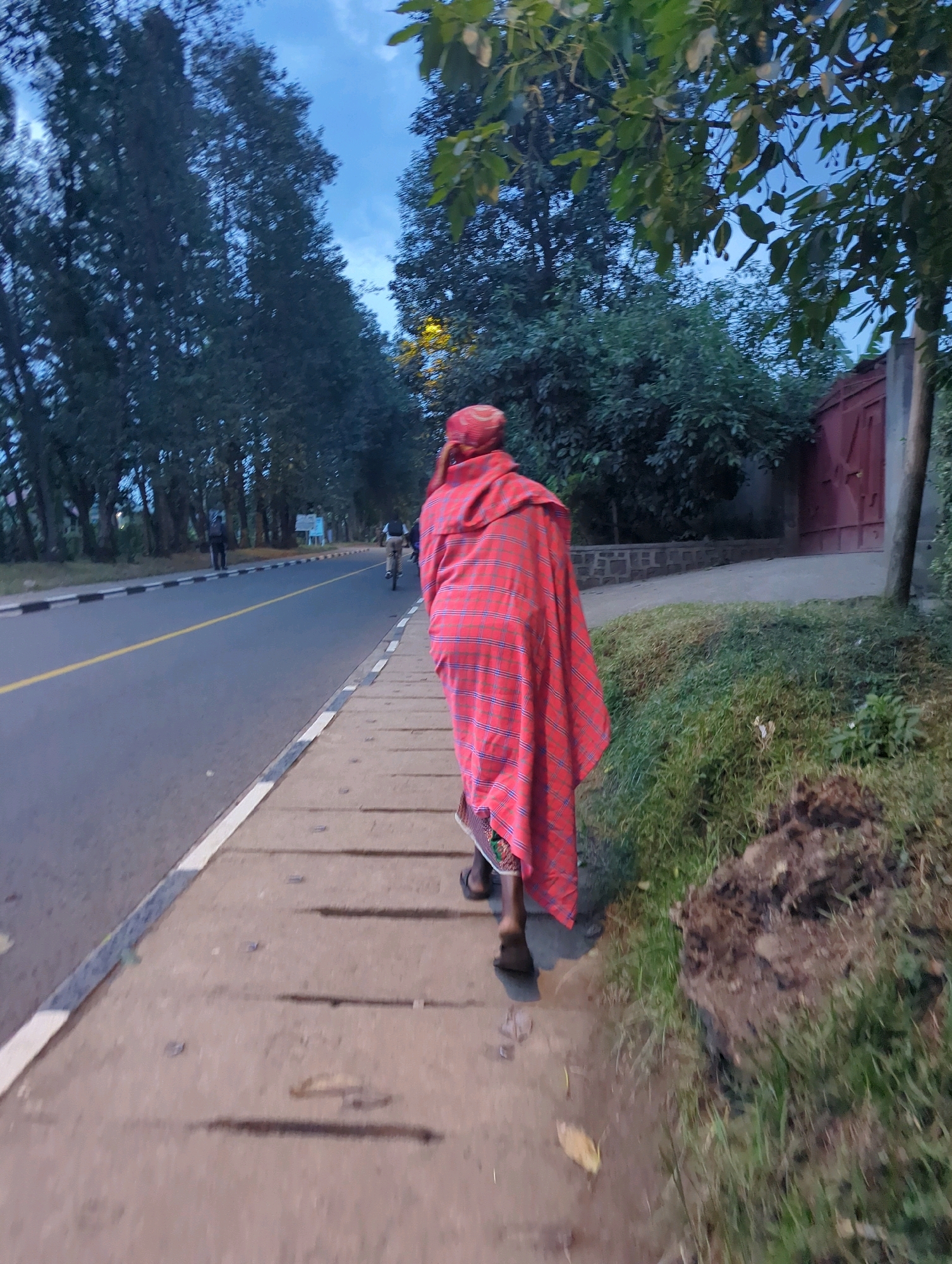 A person wearing a red and black plaid wrap walks along a concrete sidewalk next to a paved road. The road has a yellow line down the center and a white stripe on the edge of the sidewalk. Trees line the other side of the road, and a red gate is visible in the background. The sky is overcast and appears to be dusk. The person is walking away from the camera. A person on a bicycle is also visible on the road. The environment suggests a suburban or rural area.