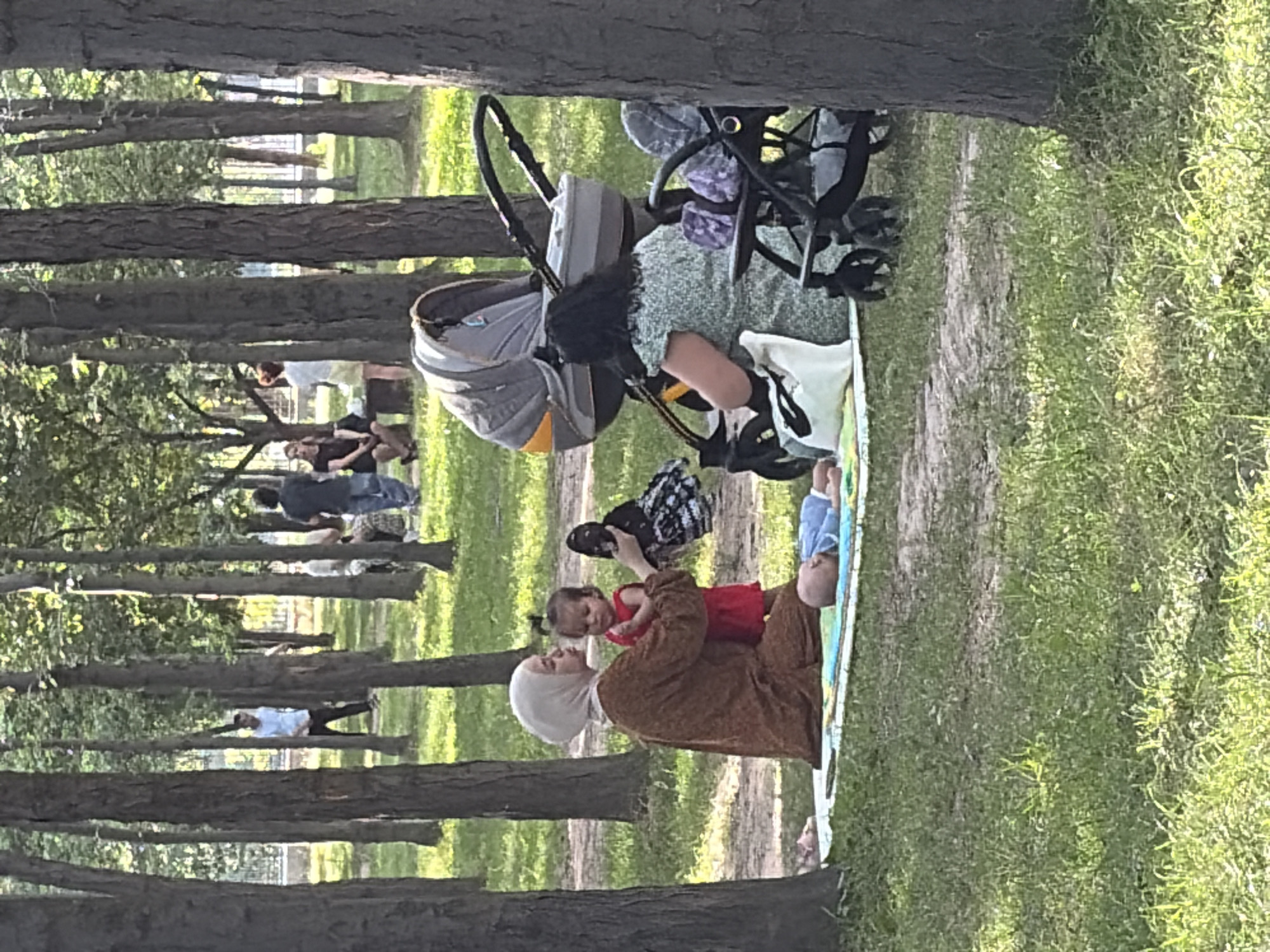 In the city of Unknown, Unknown, an outdoor scene unfolds in a park with a dense arrangement of trees. In the foreground, a woman wearing a light-colored hijab and a brown robe kneels on a blanket. She is interacting with a young child dressed in red, holding a black and white patterned garment. To the right of the woman, a baby lies on its back on the blanket, dressed in a blue outfit. A large gray and yellow stroller is positioned behind the woman, and another smaller stroller with purple accents is to the right. Further in the background, several other individuals are visible amongst the trees, some standing and others seated. The ground is covered in green grass and dappled with sunlight filtering through the leaves.
