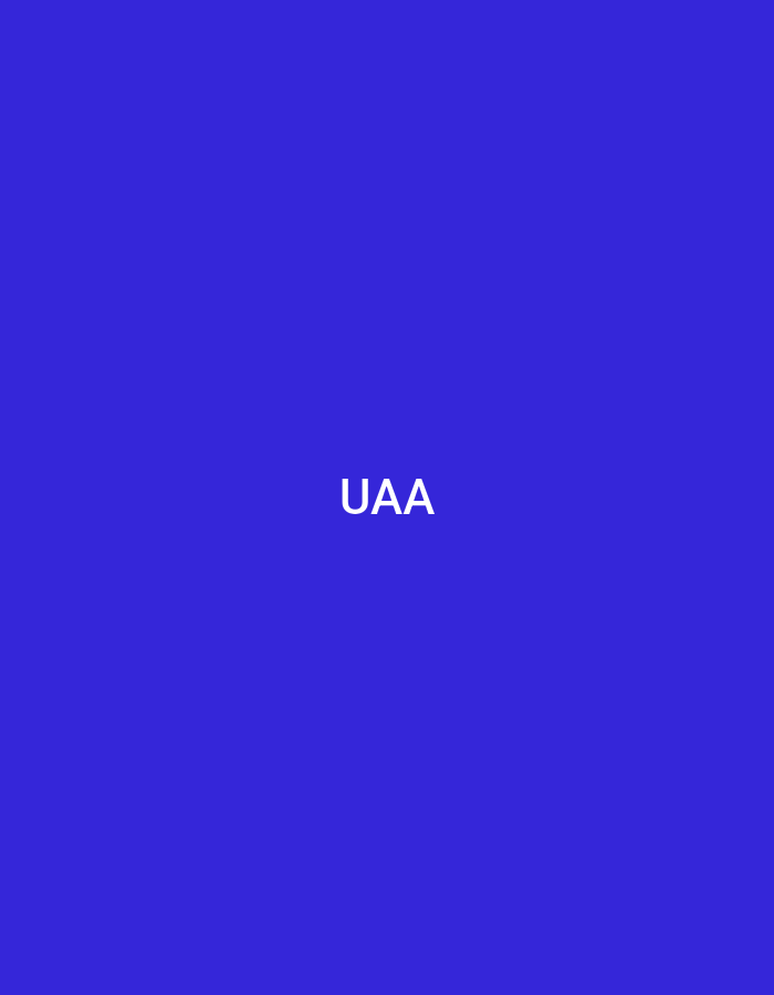 The image displays a prominent, centralized white sans-serif text "UAA" against a solid, unadorned royal blue background. The typography is clean and capitalized, occupying the central visual focus. The scene is purely graphical, presenting no discernible human subjects, actions, or environmental elements within the frame. The graphic design, although abstract, is situated within the context of Casablanca, Morocco.