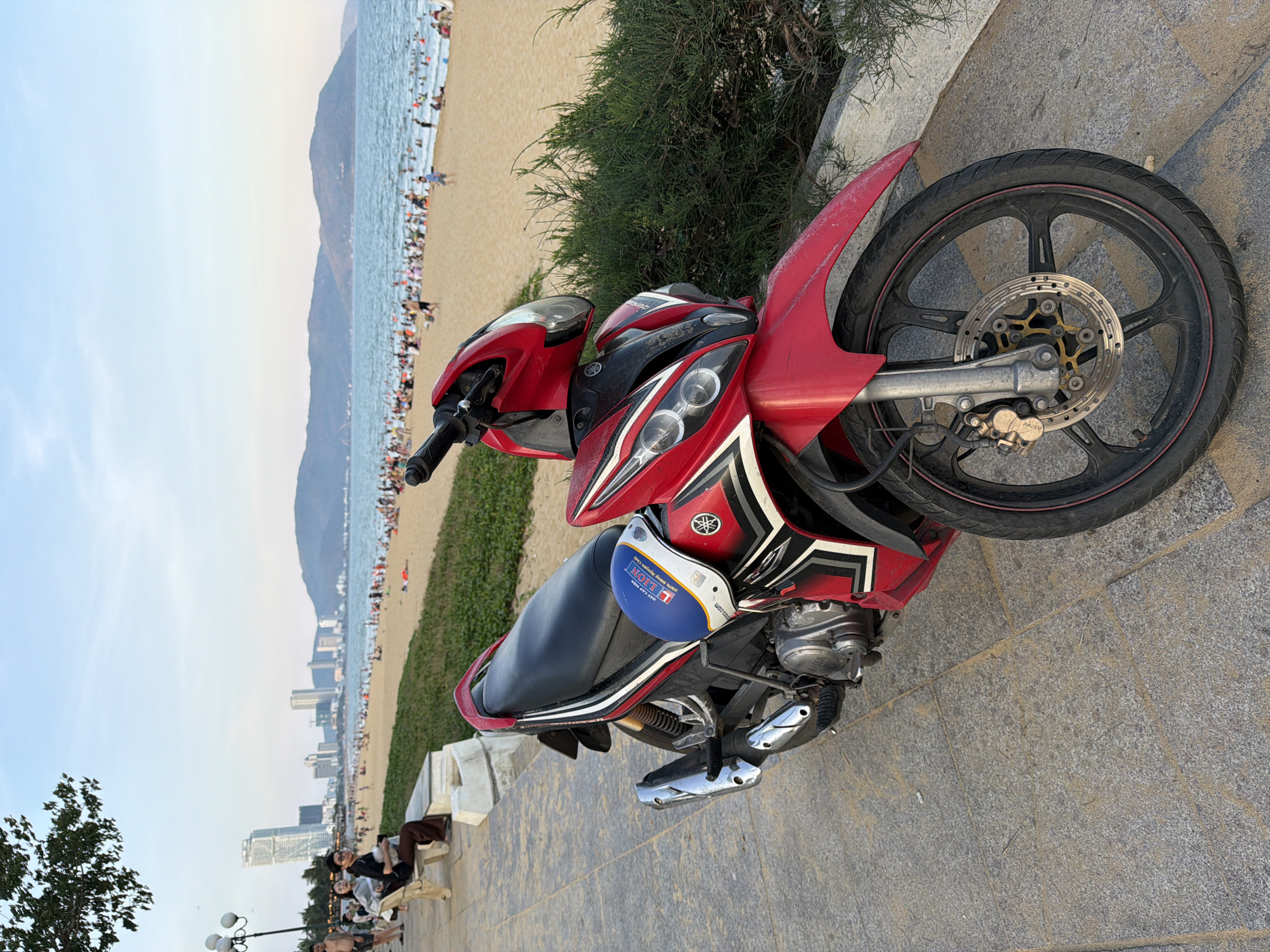 This image shows a red and black motorcycle parked on a paved walkway near a beach. The beach is crowded with people, and the ocean stretches out to the horizon with a mountain range in the background. The sky is clear and a light blue, suggesting it is daytime, likely late afternoon or early evening given the quality of light. The walkway is made of large, grey stone tiles. To the right of the motorcycle, there is a green bush. In the foreground, part of a tree is visible on the left side of the frame, and further down the walkway, a few people are sitting on a low wall. The scene appears to be a public area, possibly a promenade or park by the sea.
The motorcycle has a Yamaha logo on its side. A blue and white helmet or storage bag is attached to the seat. The motorcycle's rear wheel and brake disc are clearly visible.
Text visible on the blue and white item: "LION", "100% PURE", and "DAP CAP B..." and ".COM".