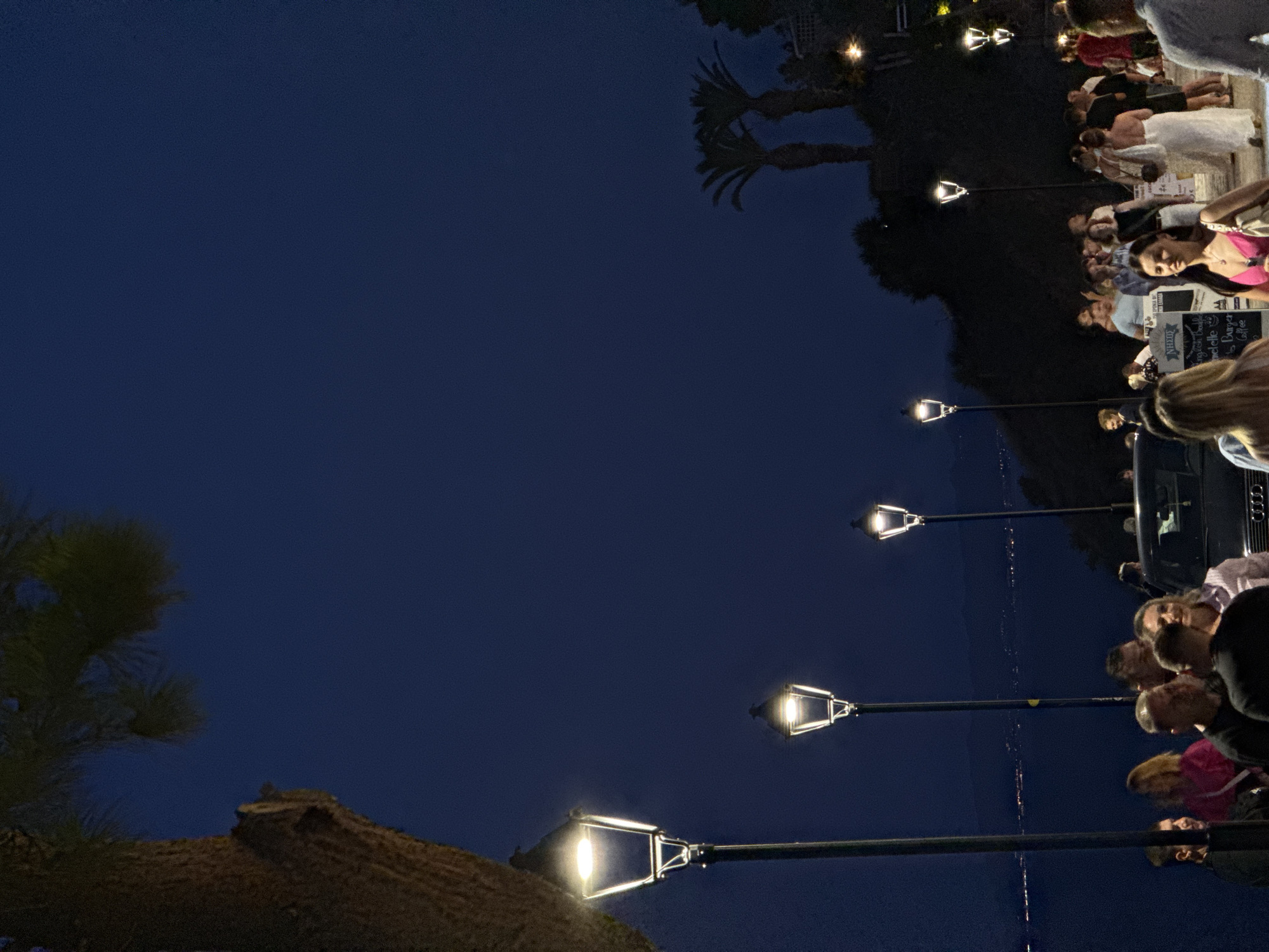 An outdoor nighttime scene depicts a promenade in Kassandra Municipal Unit, Greece, with a body of water visible in the background. Several decorative street lamps illuminate the walkway, which is lined with palm trees and foliage on a gentle slope. A group of people are walking and standing along the promenade, some interacting in small clusters. A few vehicles are also present. The overall atmosphere suggests a lively evening gathering.