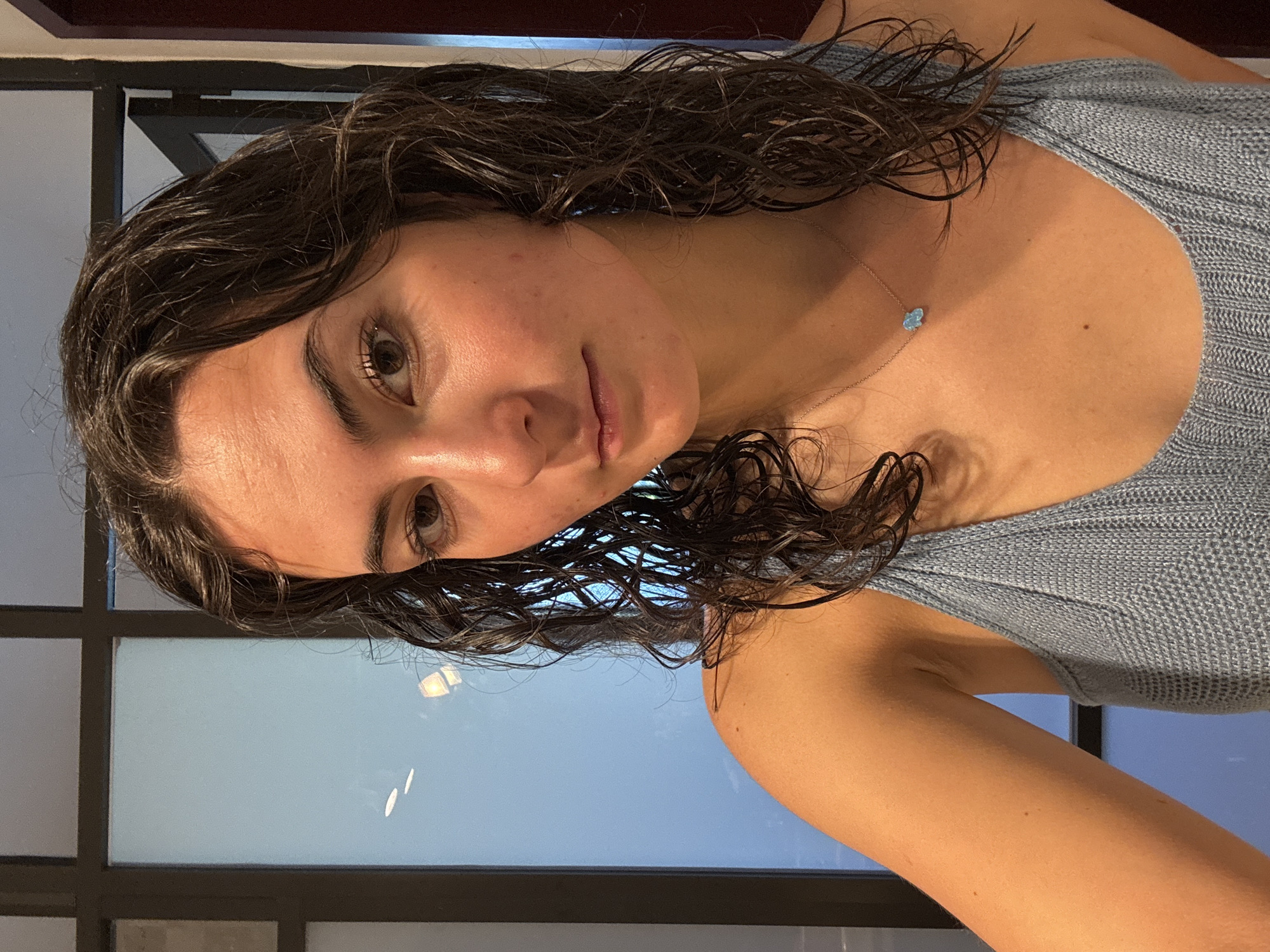 The image features a close-up portrait of a young woman, captured at an angle with her head tilted. She has dark, wet-looking, wavy hair that cascades around her face and over her shoulders. Her dark brown eyes are open and directed towards the viewer, and her expression is neutral and calm. Her skin appears natural and healthy.
She is wearing a light blue or grey ribbed tank top. A delicate silver chain necklace with a small, light blue, possibly clover or floral-shaped pendant adorns her neck. A small mole is visible on her upper chest, slightly below the necklace.
The background is softly blurred but suggests an indoor setting with large window panes or glass partitions, framed by dark mullions. These glass sections reflect light blue and grey tones, possibly indicating natural light from outside. A darker, reddish-brown element is partially visible in the top left corner. The lighting is soft and diffused, illuminating her face. The image does not contain any visible text. While the location context is provided as Puebla, Mexico, there are no specific visual cues within the image to confirm this.