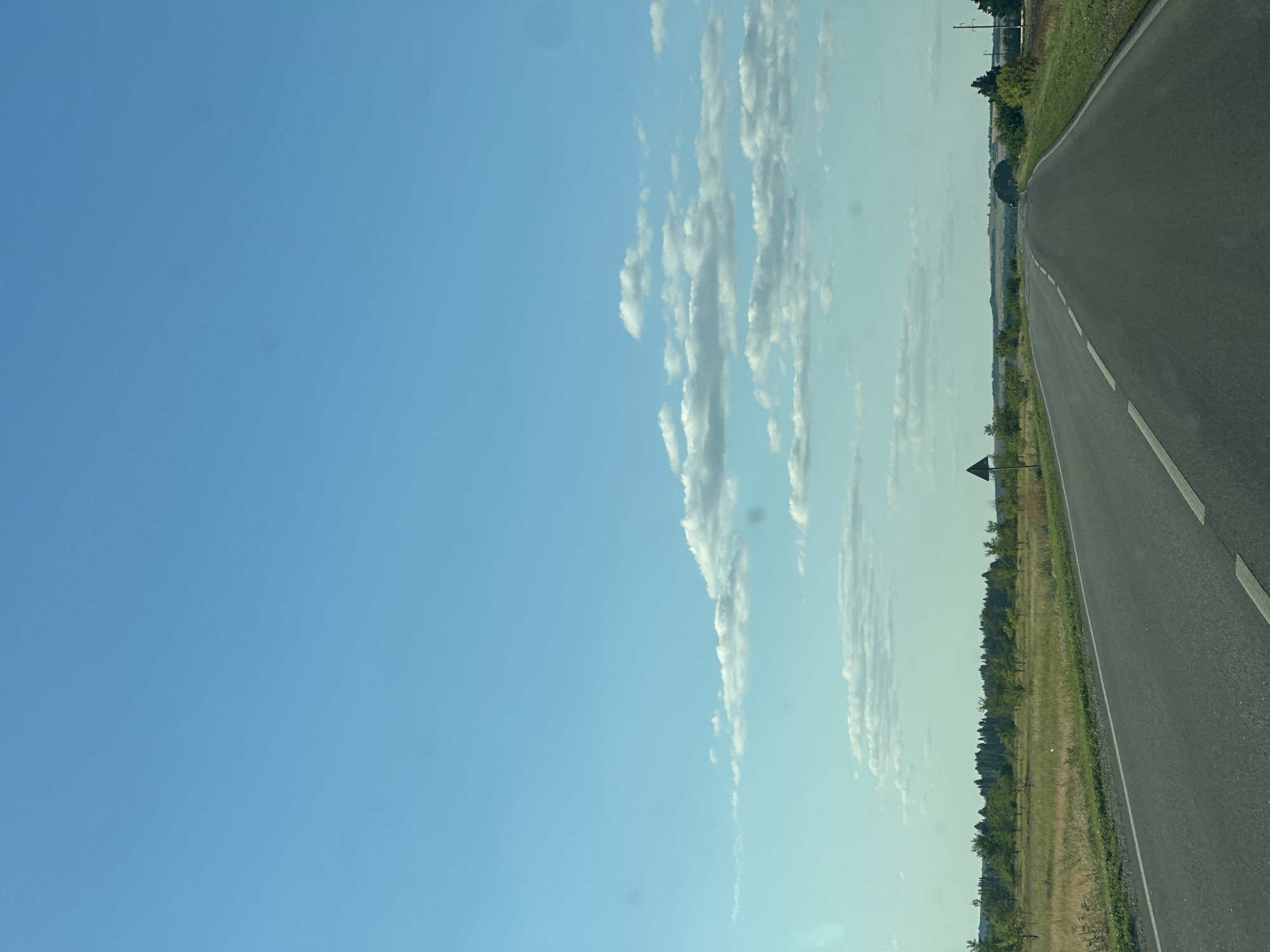 The image shows a paved road stretching into the distance, curving slightly to the right. The road has white dashed lines marking the lanes. On the left side of the road is a grassy field with scattered trees and a line of dense trees in the background. On the right side, the grass slopes down from the road. A triangular road sign is visible on a pole in the grassy field on the left. The sky is a clear blue with scattered white clouds. The scene appears to be a rural landscape. The location is the city of Пришиб, Russia.