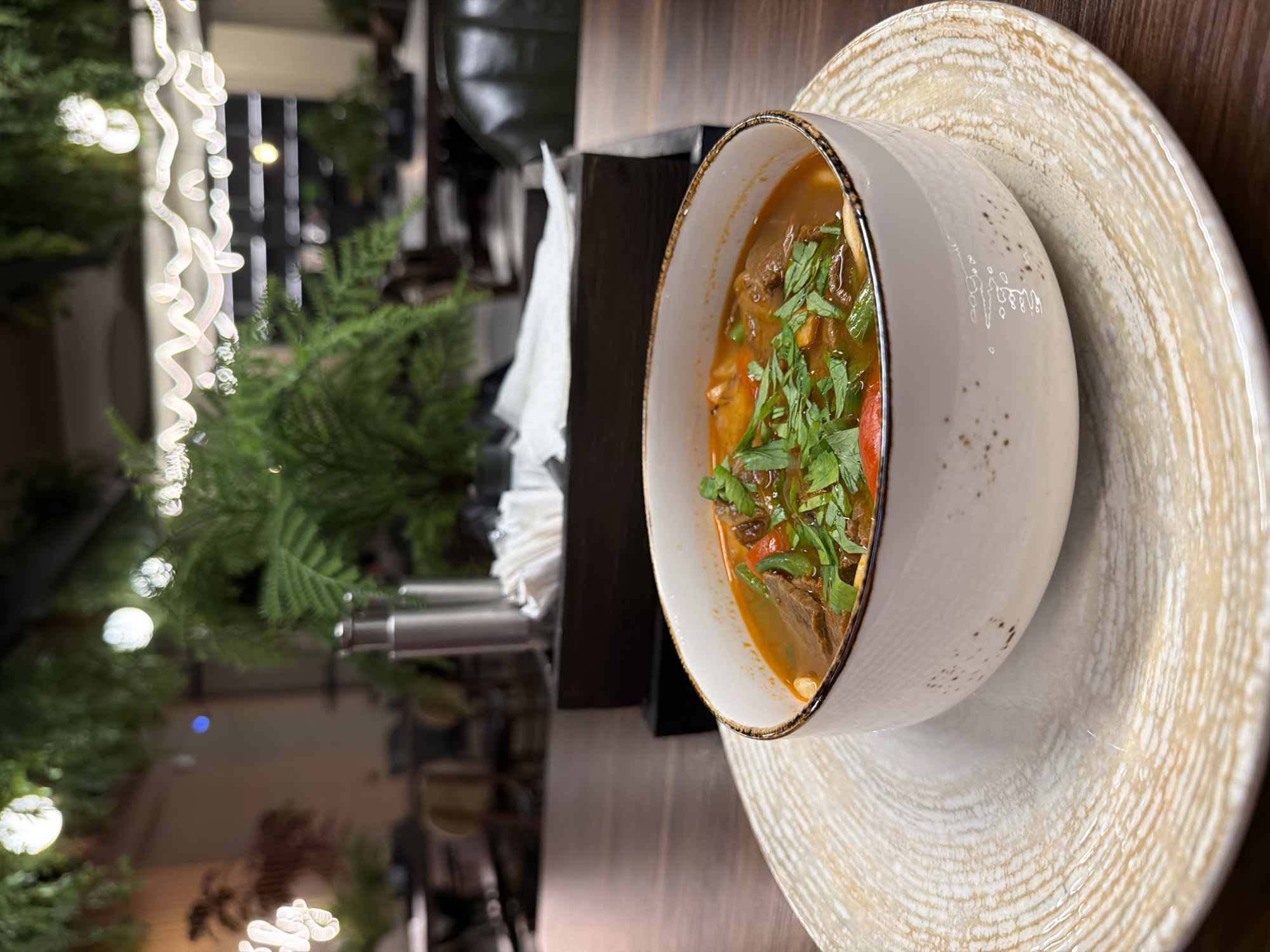 The image shows a bowl of soup placed on a beige plate with a swirling pattern. The soup appears to contain meat, vegetables, and fresh green herbs. The bowl is white with a speckled pattern and a gold rim. Beside the bowl and plate is a black rectangular container holding white napkins. In the blurred background, there are greenery, decorative lights, and interior elements that suggest a restaurant setting. There is no information available from the provided image or description to place this in Izhevsk, Russia.