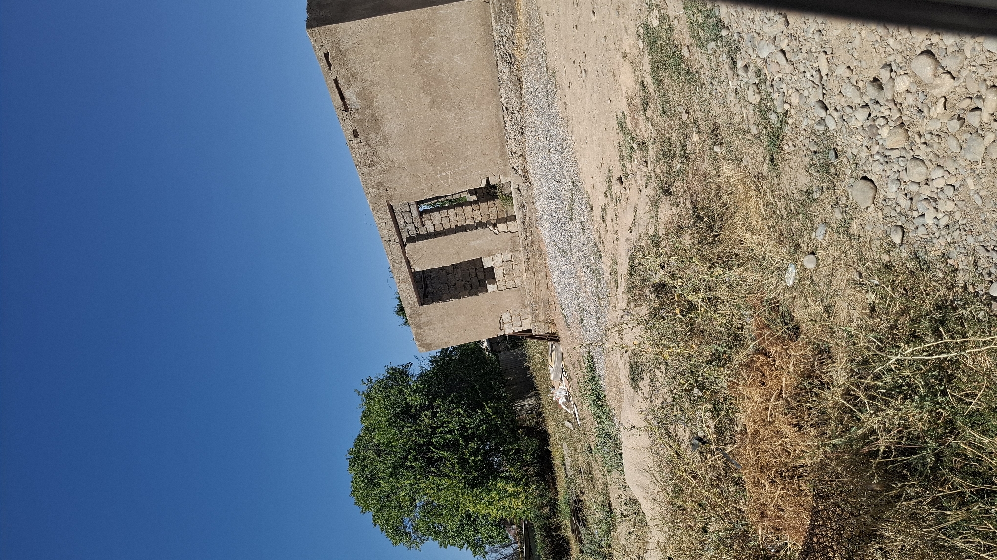 The image captures a partially constructed or abandoned building under a clear blue sky in the city of Shubarssu, Kazakhstan. The building, made of concrete and brick, has two open doorways and appears unfinished, with exposed brickwork visible around the openings. The surrounding environment is arid, with dry brush, gravel, and dirt covering the ground. A large, leafy tree stands to the left of the building, and a wooden fence can be seen behind it. The overall scene suggests a rural or semi-rural setting in a dry climate. There are no people visible in the image.