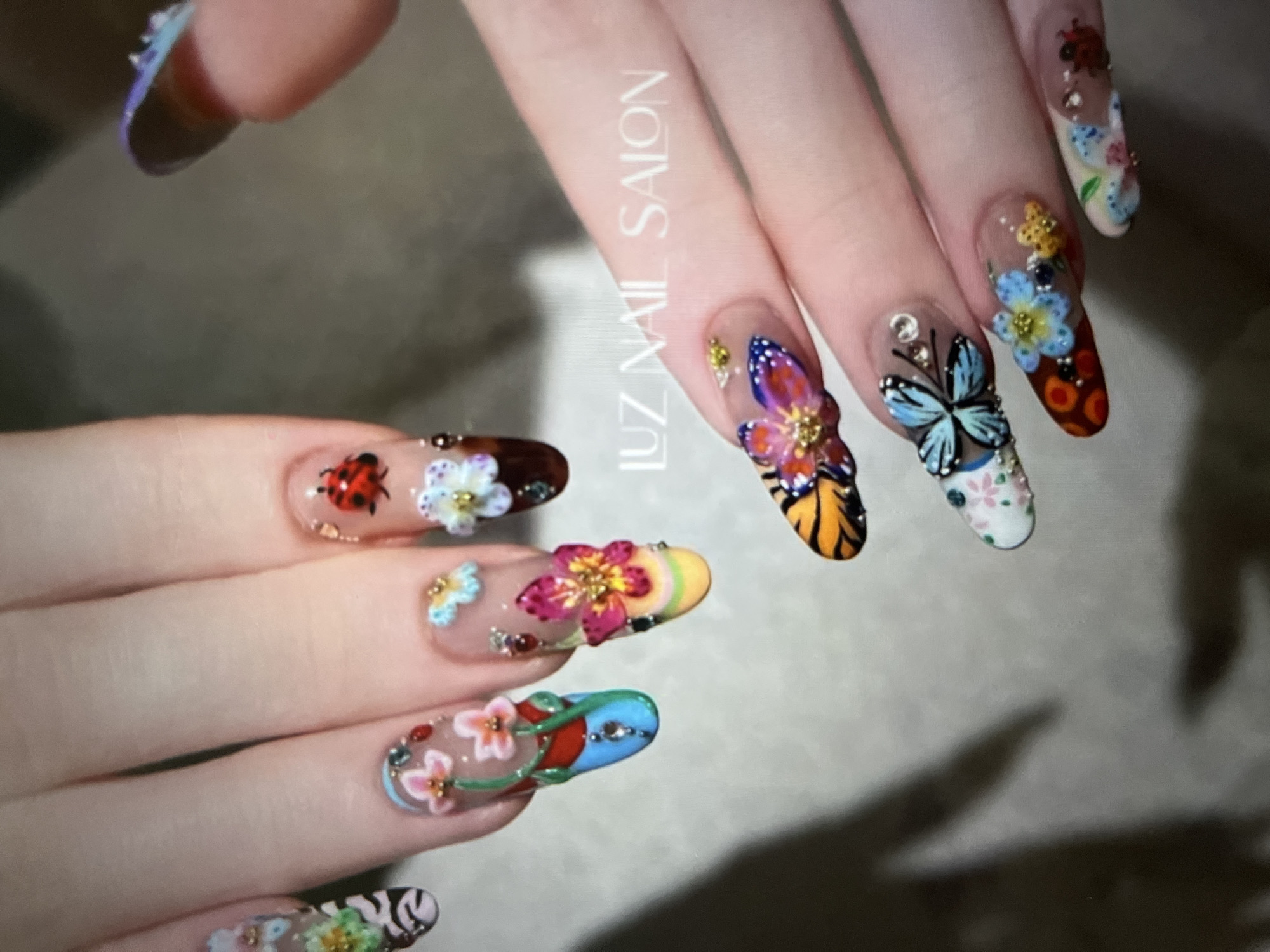 In a close-up, overhead shot, a person's hands display elaborately decorated fingernails. The nails feature 3D embellishments including flowers, butterflies, and a ladybug, along with rhinestones and intricate designs. The background is a soft, out-of-focus grey surface. Text reading "LUZ NAIL SALON" is visible on the right side of the image. The lighting suggests a controlled indoor environment. The overall aesthetic is one of detailed artistry and vibrant embellishment.