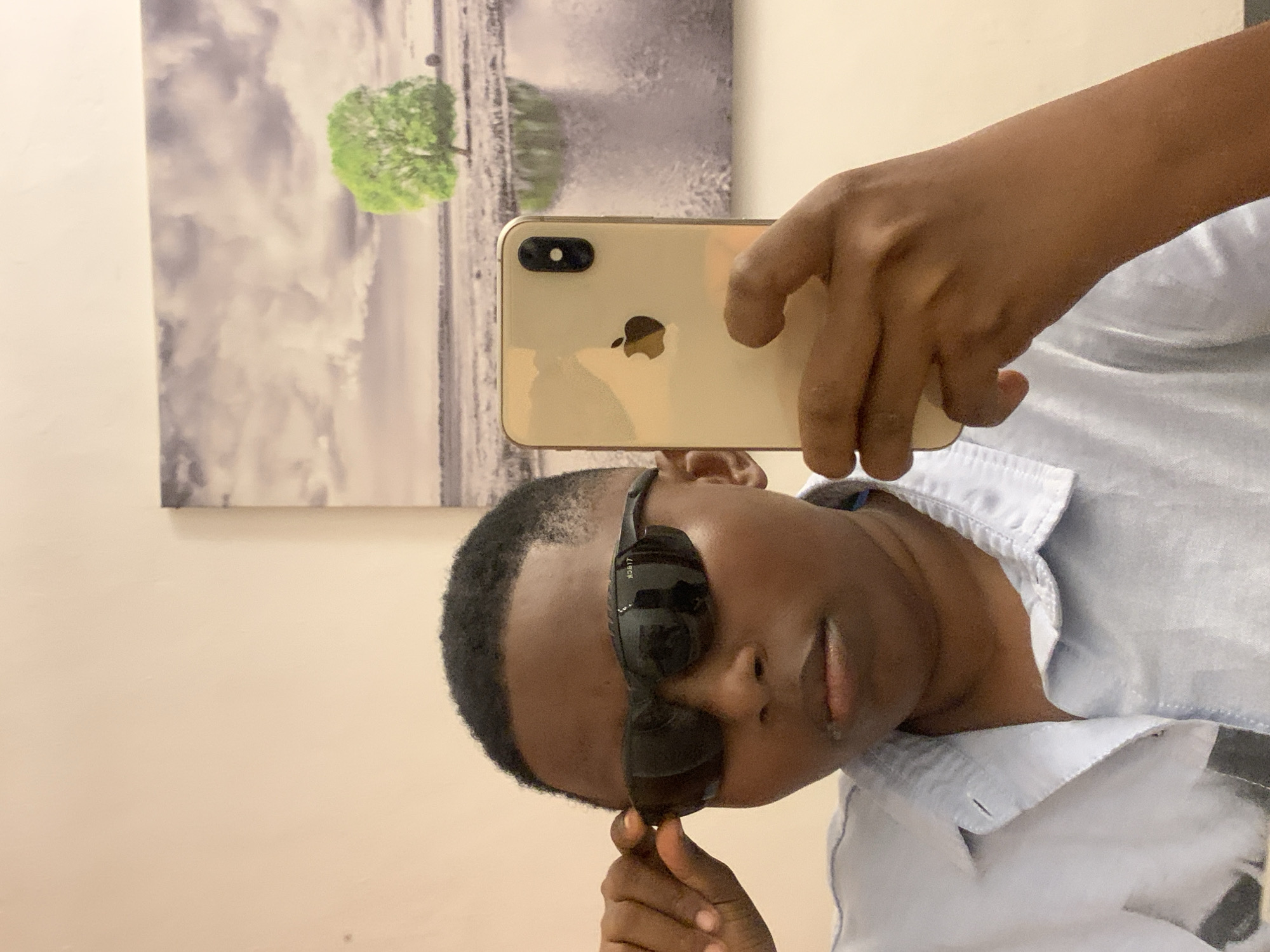A person is holding a gold iPhone in front of themselves to take a selfie. The person is wearing black sunglasses and a light blue button-down shirt. Behind them is a framed picture depicting a landscape scene. The location is not identifiable as Ikorodu, Nigeria.