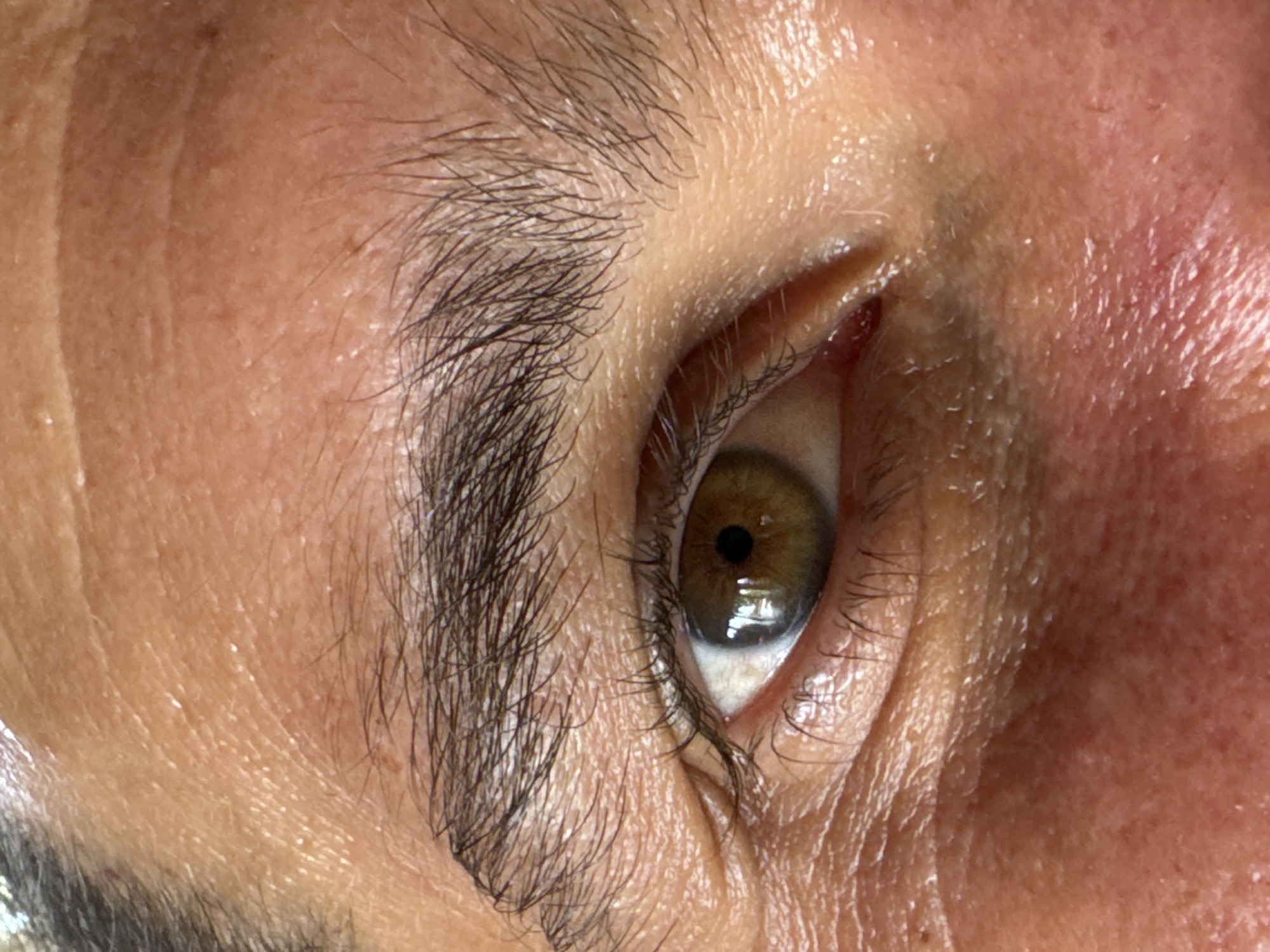 The image is a close-up of a person's eye, eyebrow, and surrounding skin. The eye has a hazel iris with a visible reflection. The eyebrow is dark and thick. The skin appears oily and shows wrinkles. The exact location in Mũi Né, Vietnam, cannot be determined from the image.