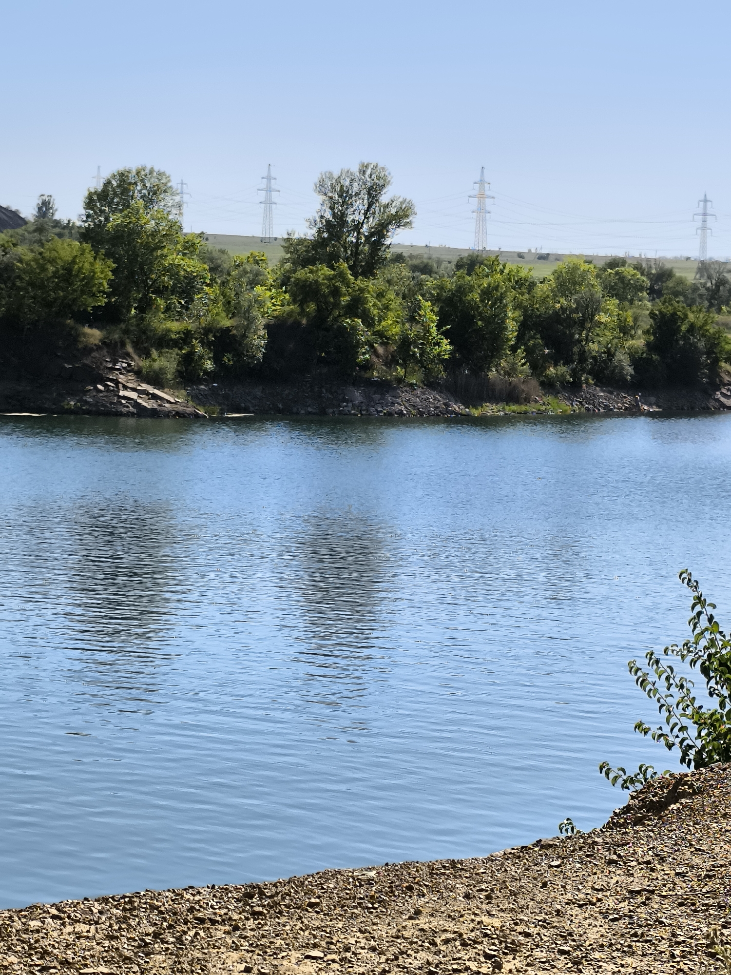 This is a landscape photograph of a body of water, likely a lake or reservoir, on a clear day. The water is a vibrant blue, with small ripples creating a textured surface. The foreground is a dry, rocky shore made of small pebbles.
Across the water, a tree-lined bank rises gently. The trees are lush and green, with some rocky outcrops visible on the left side of the bank. In the background, rolling hills are dotted with more trees and open grassy areas. Dominating the horizon are several tall, metallic electricity pylons, connected by wires, indicating the presence of power infrastructure.
The sky is a clear, light blue, suggesting it is daytime, likely late morning or early afternoon due to the bright, even lighting. There are no people or animals visible in the scene. The overall impression is one of a natural, serene landscape with industrial elements. The location cues, such as the electricity pylons and the type of vegetation, are consistent with a rural or semi-rural setting. No text is visible in the image.