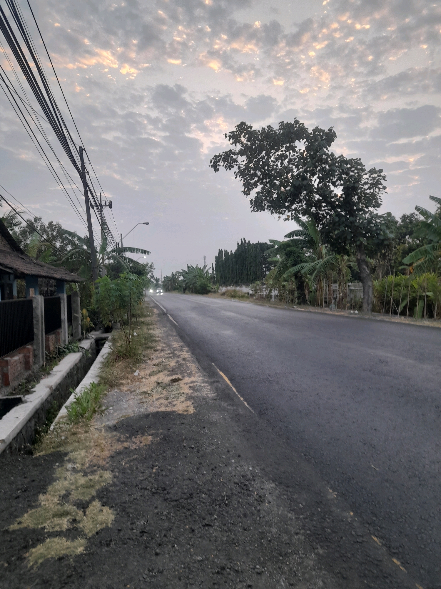 A long, paved road stretches into the distance in Jabon, Indonesia, under a cloudy sky with scattered patches of orange light. The road has a yellow line marking its edge. To the left of the road, there is a drainage ditch and a small building with a dark fence. A utility pole with many wires stands near the building. Lush green trees and vegetation line the right side of the road, with a prominent large tree in the foreground. In the distance, a vehicle's headlights are visible on the road. The scene appears to be captured during twilight or early morning.