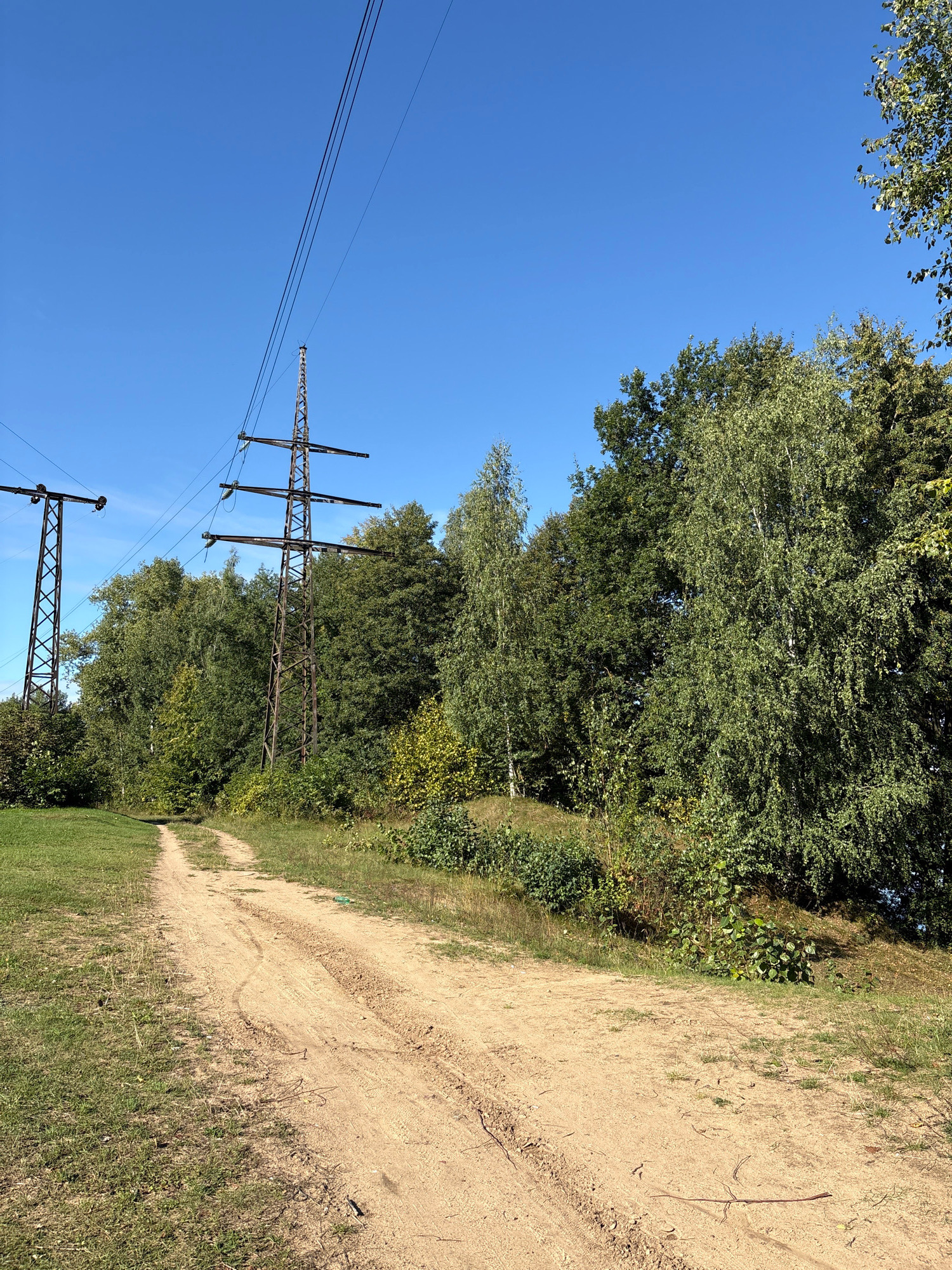 The image depicts a rural dirt road leading through a grassy field and dense green forest under a clear blue sky. Two tall metal power line towers, each supporting multiple thick cables, are prominent in the scene. The road appears to be slightly rutted, suggesting vehicle passage. The trees are a mix of deciduous types, with lush green foliage. The ground is covered in grass and dirt. The overall impression is of a natural, undeveloped area on the outskirts of a populated region.