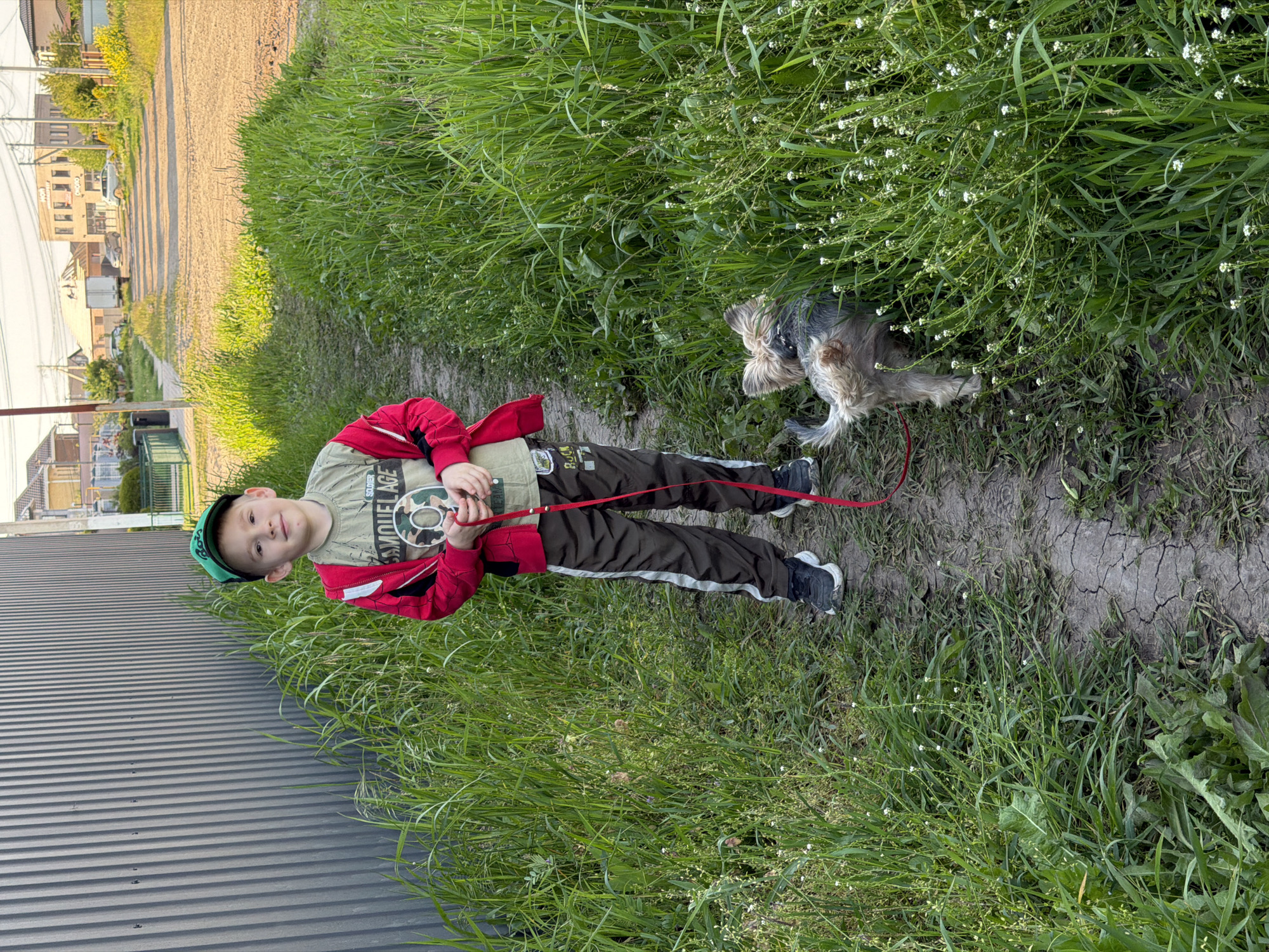 A young boy stands on a dirt path with tall grass on either side, holding a red leash attached to a small dog that stands among the grass. The boy is wearing a green cap, a red jacket, and brown pants. To the left of the boy is a gray metal fence. In the background, there are houses and a road. The location is Rossiyskiy, Russia.