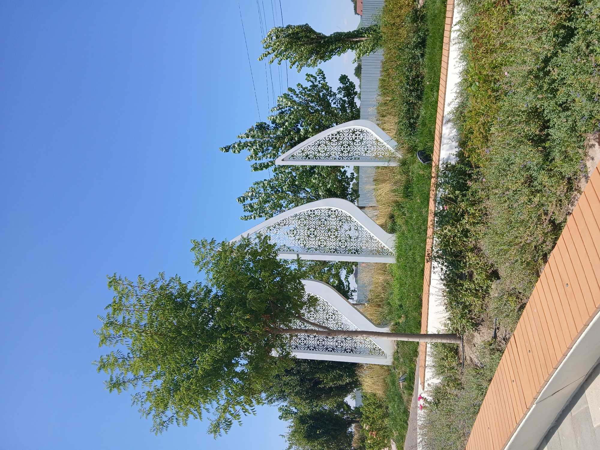 The image depicts a modern public space in the city of Qonaev, Kazakhstan. In the foreground, a light-colored, angular bench with a wooden slatted seating surface is visible. Behind the bench, there is a raised planter bed filled with green foliage. Further back, a single, slender tree stands in front of decorative white panels with intricate cut-out patterns. These panels are arranged in a curve and appear to be part of a sculptural installation. The background features a well-maintained grassy area, more trees, and a metal fence. The sky is a clear, bright blue, indicating a sunny day. The overall impression is one of a clean, contemporary urban park or plaza designed for public enjoyment.