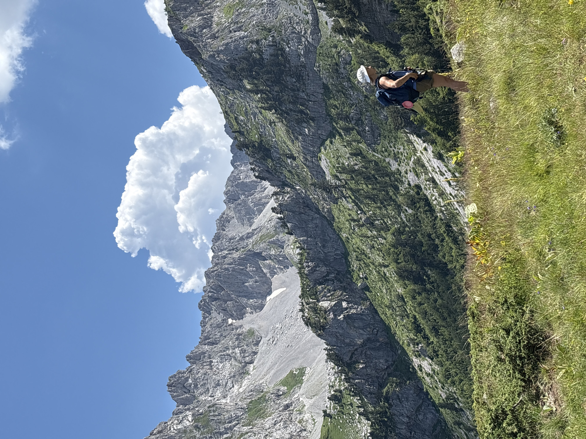 In the mountainous region of Katun Vulića, Montenegro, a woman stands in a grassy meadow, facing a majestic mountain range. She is wearing a white hat, a blue backpack, and brown shorts. The mountains, covered in green vegetation and rocky slopes, rise dramatically against a bright blue sky dotted with fluffy white clouds. The foreground is filled with lush green grass and some wildflowers, suggesting a warm, sunny day. The scene captures a moment of peaceful contemplation amidst the grandeur of nature.