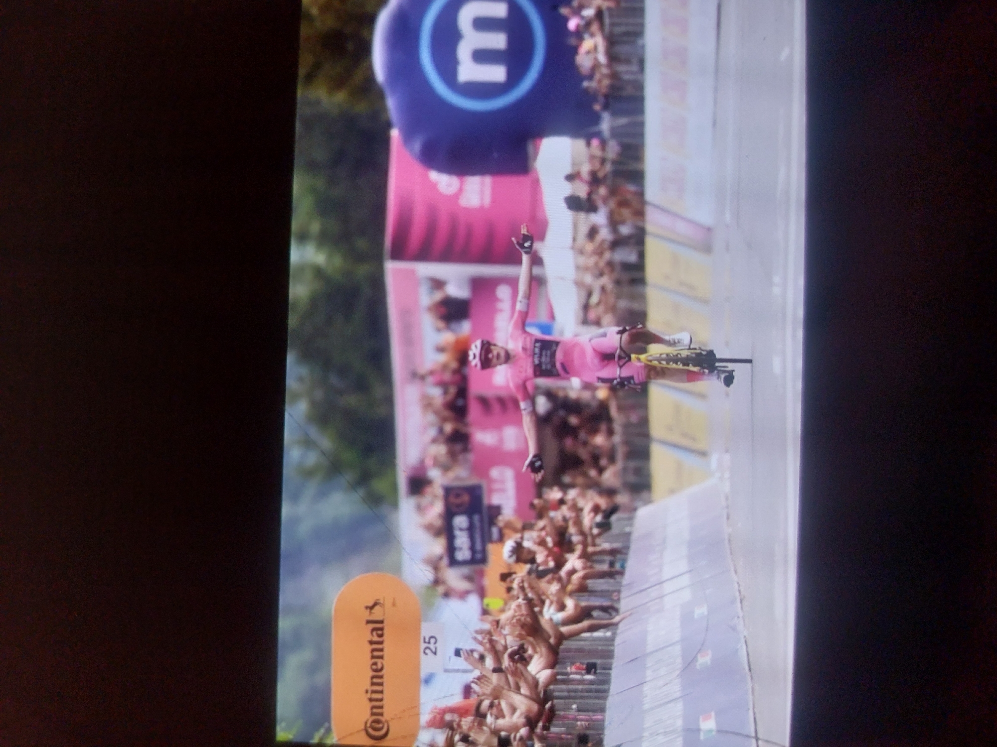 A cyclist in pink racing gear celebrates a victory with arms raised as he crosses the finish line. There is a crowd cheering behind barriers. There are sponsors logos including the word "continental." The letter "m" is visible on a large sign. The city of Tsarevo, Bulgaria is not depicted in the image.