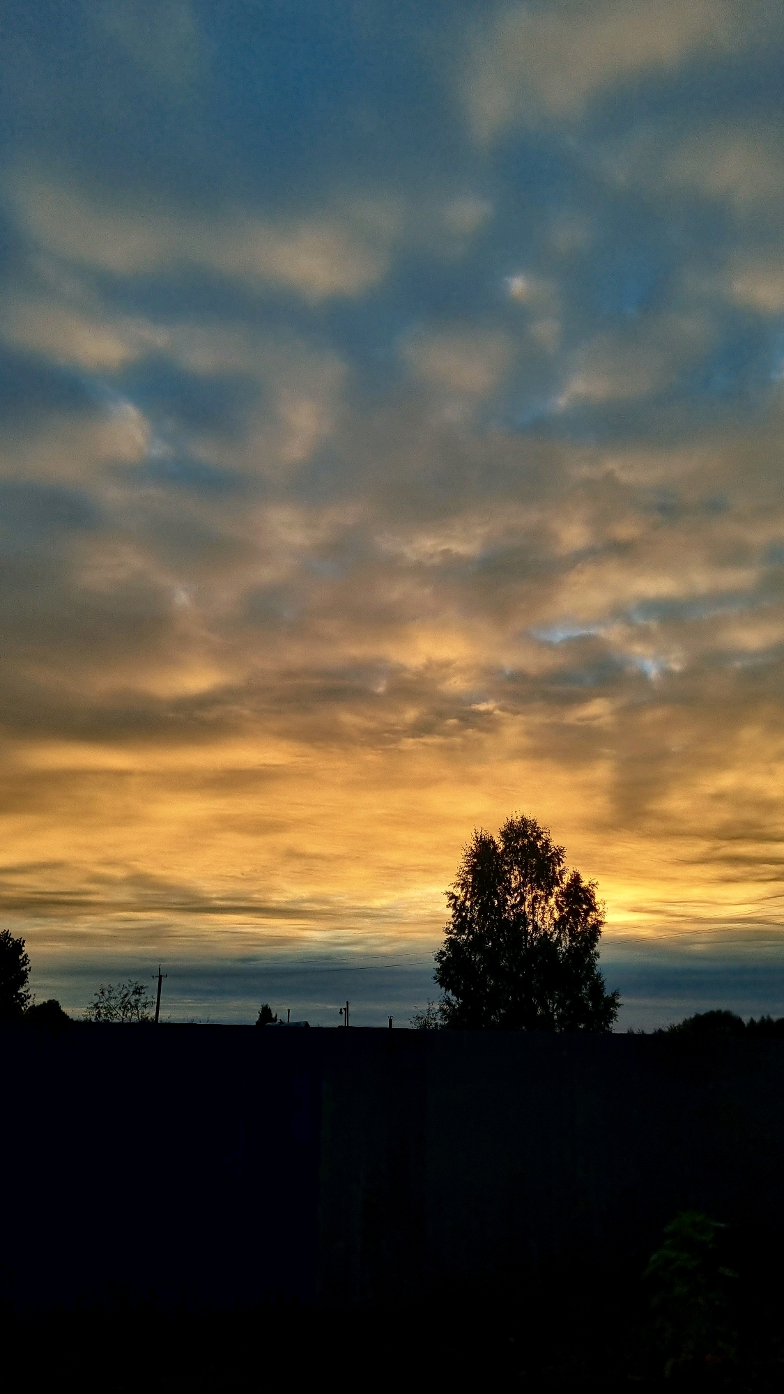 The image depicts a dusky sky over a silhouetted landscape, likely taken in Vysokoe, Russia. The sky is a canvas of warm oranges and yellows, transitioning to blues and grays, with scattered clouds. In the middle ground, a solitary, dark tree stands out against the vibrant sky, its silhouette partially obscuring the horizon. Below this, a dark, unidentifiable structure, possibly a fence or wall, runs horizontally across the frame, casting the foreground into deep shadow. Faint outlines of utility poles and distant trees can be seen along the horizon. The overall impression is one of twilight or early dawn, with a subdued and tranquil atmosphere.