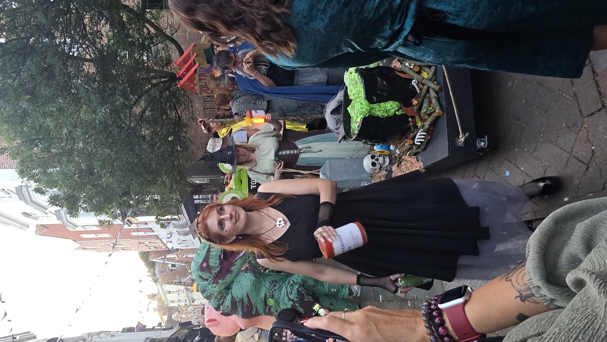 The image depicts a street scene in St Leonards, United Kingdom, likely during a carnival or festival. In the foreground, a woman with auburn hair, wearing a black dress and gloves, holds a red container labeled "Carnival". She is looking towards the right of the frame. Behind her, several individuals are dressed in costumes. To her left, a large green inflatable dinosaur costume is visible. To her right, a woman in a witch's costume holds a glowing object, and a person with a blue cape and a long beard stands near a display featuring a large cauldron filled with green, bubbling liquid, accompanied by skulls and sticks. The street is paved with bricks, and buildings line the sides of the street, decorated with bunting. The overall atmosphere suggests a celebratory event.