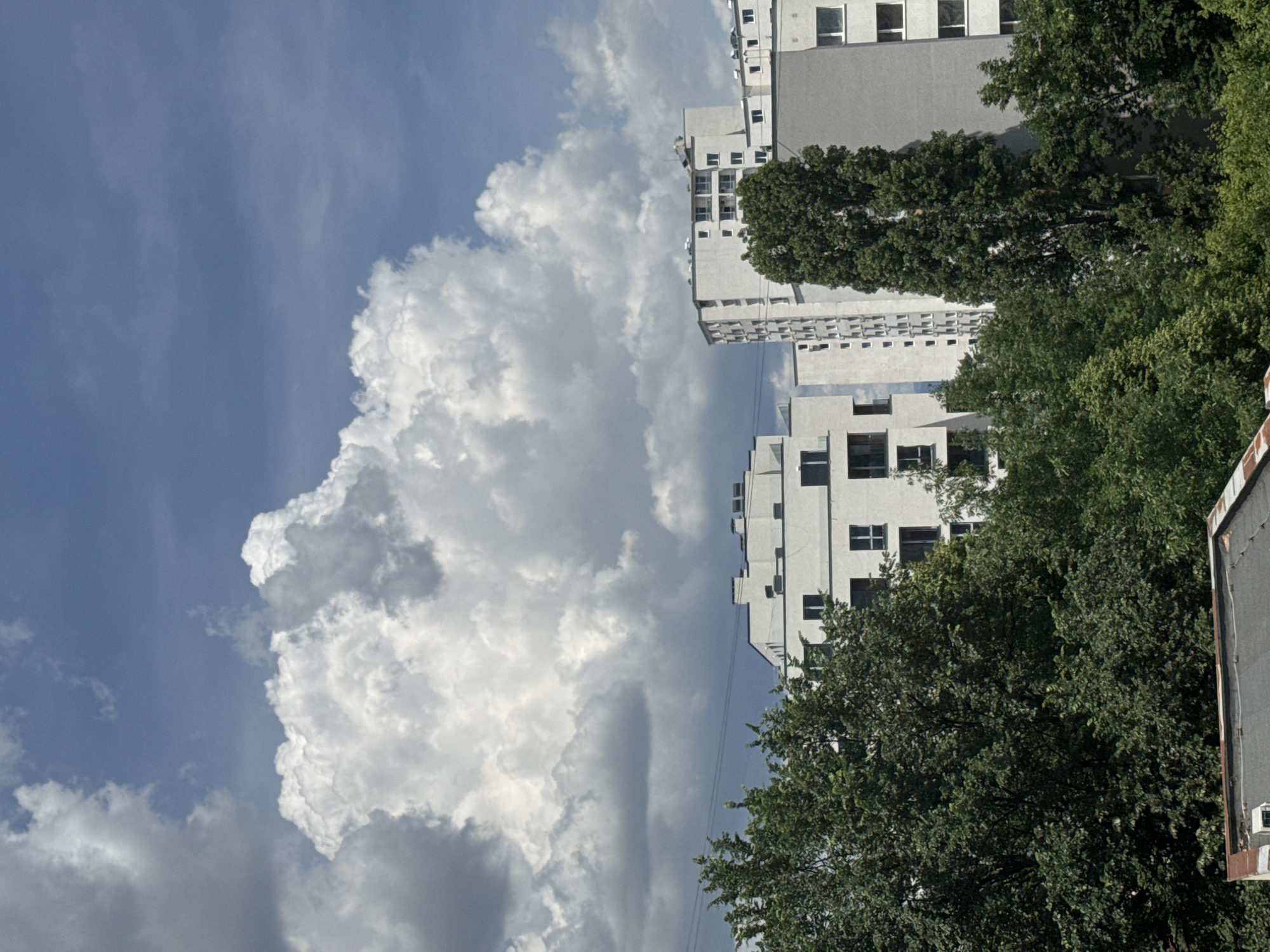 A low-angle, medium shot captures an urban landscape under a dynamic sky. Dominating the upper portion of the frame are large, billowing white cumulus clouds set against a clear blue sky, suggesting fair weather with potential for dramatic cloud formations. Below the sky, a series of multi-story buildings are visible, characterized by modern architecture with flat roofs and numerous windows. The buildings are primarily light-colored, with some showing grey facades. The greenery of trees fills the lower half and middle ground of the image, with dense foliage obscuring the lower portions of the buildings and a rooftop in the foreground. Power lines are faintly visible against the sky between the trees and buildings. The scene appears to be located in a residential or mixed-use area of Sofia, Bulgaria, given the architectural style and urban density. No people or discernible actions are present. The overall impression is one of a bright, possibly warm day in a developed urban environment.