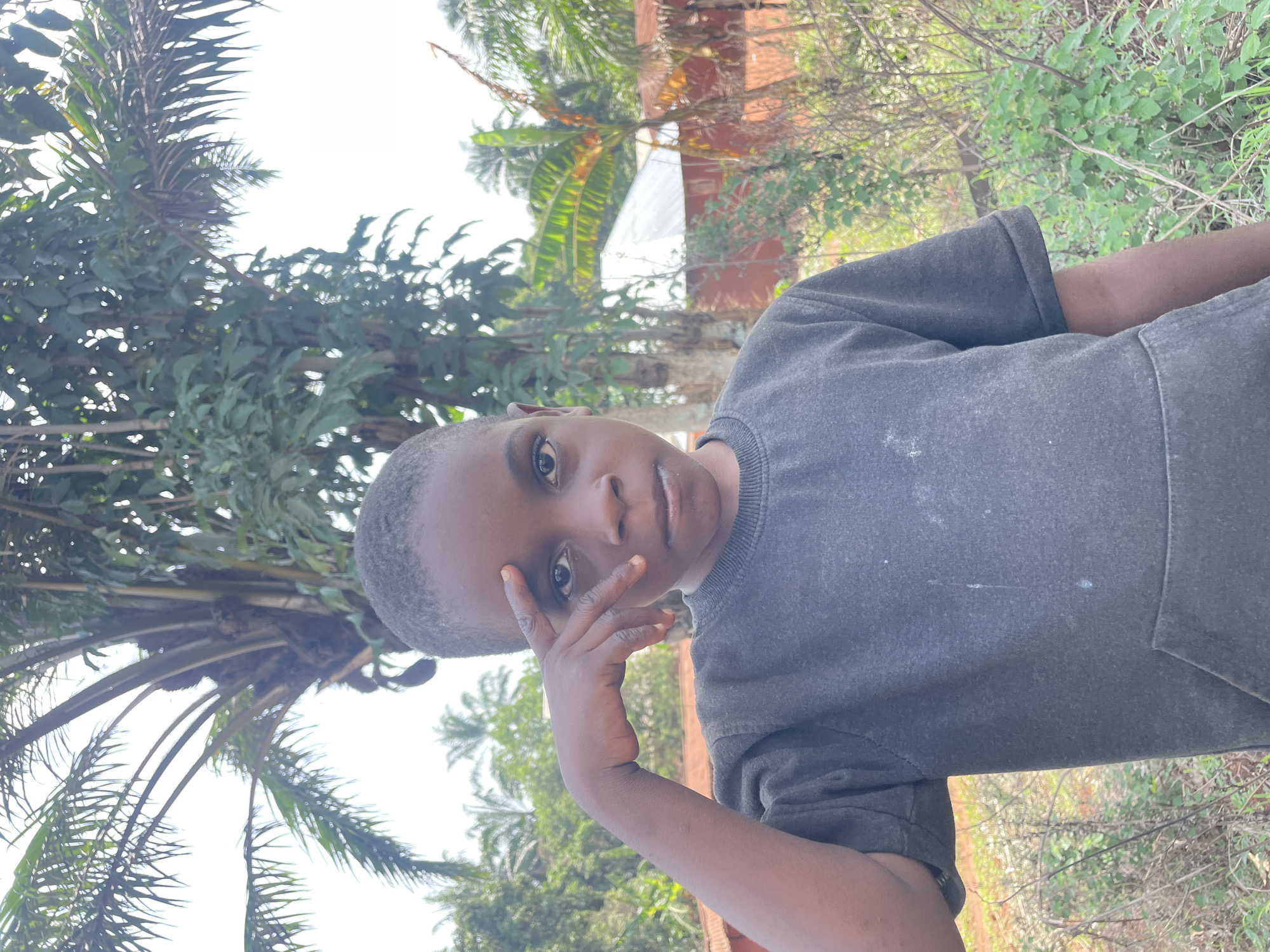 The image, taken in Ogbe, Nigeria, features a young individual, likely a boy or young man, positioned outdoors and looking directly at the camera. He has dark skin, short dark hair, and is wearing a dark grey, short-sleeved t-shirt that appears somewhat faded, with a few light marks on the chest. His right hand is raised, with fingers splayed, and gently rests against the side of his face near his cheek. His expression is calm and neutral.
The background is dominated by lush, green tropical vegetation, including several large palm trees with distinctive fronds and other dense foliage, suggesting a natural or semi-rural setting. Patches of bright, clear sky are visible through the gaps in the leaves, indicating a sunny day. In the upper background, a reddish-brown structure, possibly a building or wall, can be seen. The overall scene conveys a warm, tropical environment. There is no visible text in the image.