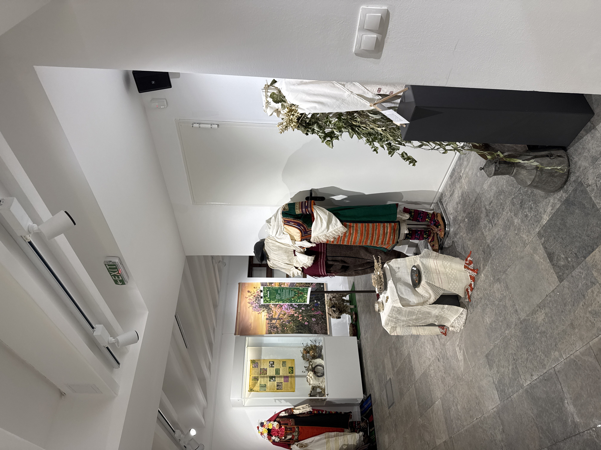 The image depicts an interior scene, likely a museum exhibition, featuring displays of traditional Bulgarian clothing and cultural artifacts. On the left, a mannequin is dressed in a vibrant red, black, and gold embroidered garment, adorned with a floral headdress. Adjacent to it, a glass display case showcases various dried plants and what appear to be small pottery items.
Further into the room, two mannequins are dressed in traditional folk costumes. One wears a white shirt with intricate white lace trim, a maroon vest, and brown trousers. The second mannequin is clad in a green and red striped apron over a white blouse, with a red and white patterned skirt or sash.
In the foreground, a small table draped with a white cloth serves as a display. On the table are several small, dark bowls and a silver cup. A rustic, old metal jug is visible on the floor to the right of this display.
The walls are painted white, and the floor is tiled with large, grey rectangular stones. Track lighting is installed on the ceiling, and an "EXIT" sign is illuminated above a doorway. A black speaker is mounted on the upper right wall, next to a white security sensor. The overall impression is one of a well-maintained exhibition space dedicated to preserving and presenting cultural heritage. This exhibition is likely located in the House of Humor and Satire in Gabrovo, Bulgaria, given its focus on folk traditions and artifacts, which aligns with the museum's mission.