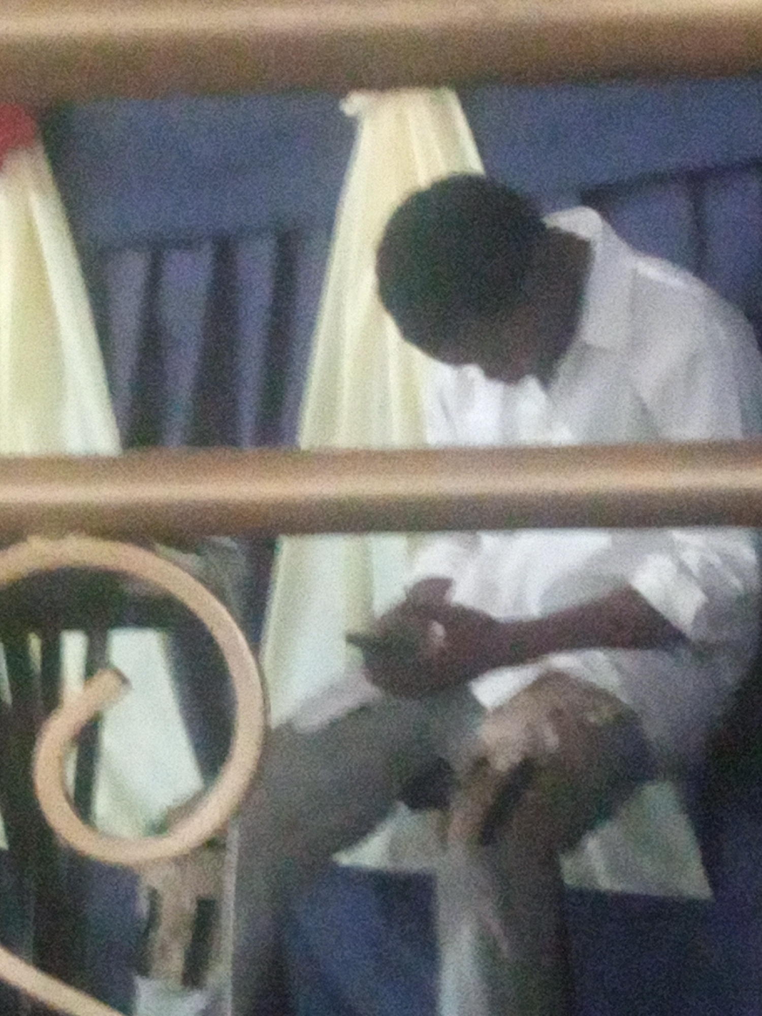 A young Black male wearing a white button-down shirt and grey pants is seated and bowing his head, appearing to be in prayer or deep thought. He is positioned in what seems to be an indoor setting, possibly a place of worship, with a dark blue draped background and decorative yellow and red fabric. A golden railing runs across the foreground, partially obscuring a decorative metal element. The lighting is dim, casting a soft glow on the scene. The image quality is grainy, suggesting it was taken with a low-resolution camera or in poor lighting conditions. The context of Rukuba Road, Nigeria, is not visually discernible from the image itself.