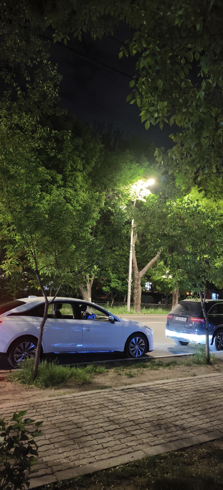 A nighttime scene reveals two parked vehicles alongside a city street. The first car, a white sedan, has its side facing the camera, displaying modern wheel rims and a sleek design. Adjacent to it, a dark-colored SUV occupies the right side of the frame. A tree stands near each car, adding to the urban greenery. Streetlights illuminate the scene, casting a glow through the foliage and highlighting the vehicles. The ground is paved with interlocking stones, suggesting a pedestrian area next to the road. The location is in the city of Unknown, Unknown. The environment is dark but lit by artificial lighting, creating a contrasted view of the vehicles and surrounding nature.